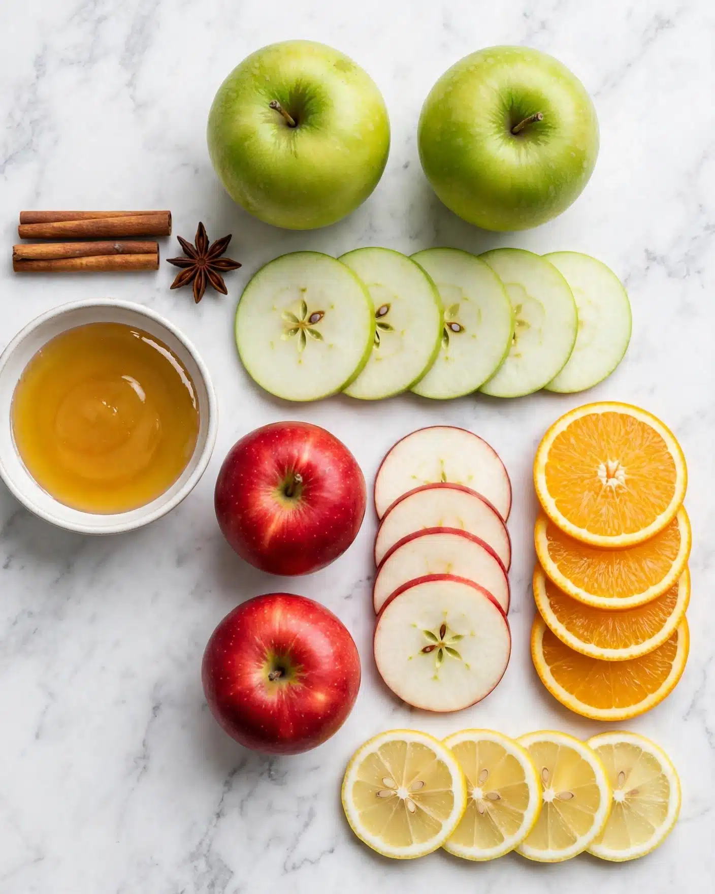 The image shows an arrangement of fresh fruits and spices on a white marbled surface. There are two whole green apples and one green apple sliced into five thin semi-transparent rounds with the core's star pattern visible. Below, there are two whole red apples and one red apple sliced into five thin rounds with white flesh and red skin edges. Near these are five round orange slices stacked partially overlapping, showing bright orange color with a central star-like pattern. Below the orange slices, four lemon slices are laid flat, pale yellow with visible seeds. To the left, there is a small white bowl with a golden syrup inside. Above the bowl, two cinnamon sticks and one star anise are placed side by side. The whole setup is neat with fresh, vibrant colors on a clean white marbled background. photo taken with an iphone --ar 4:5 --v 7