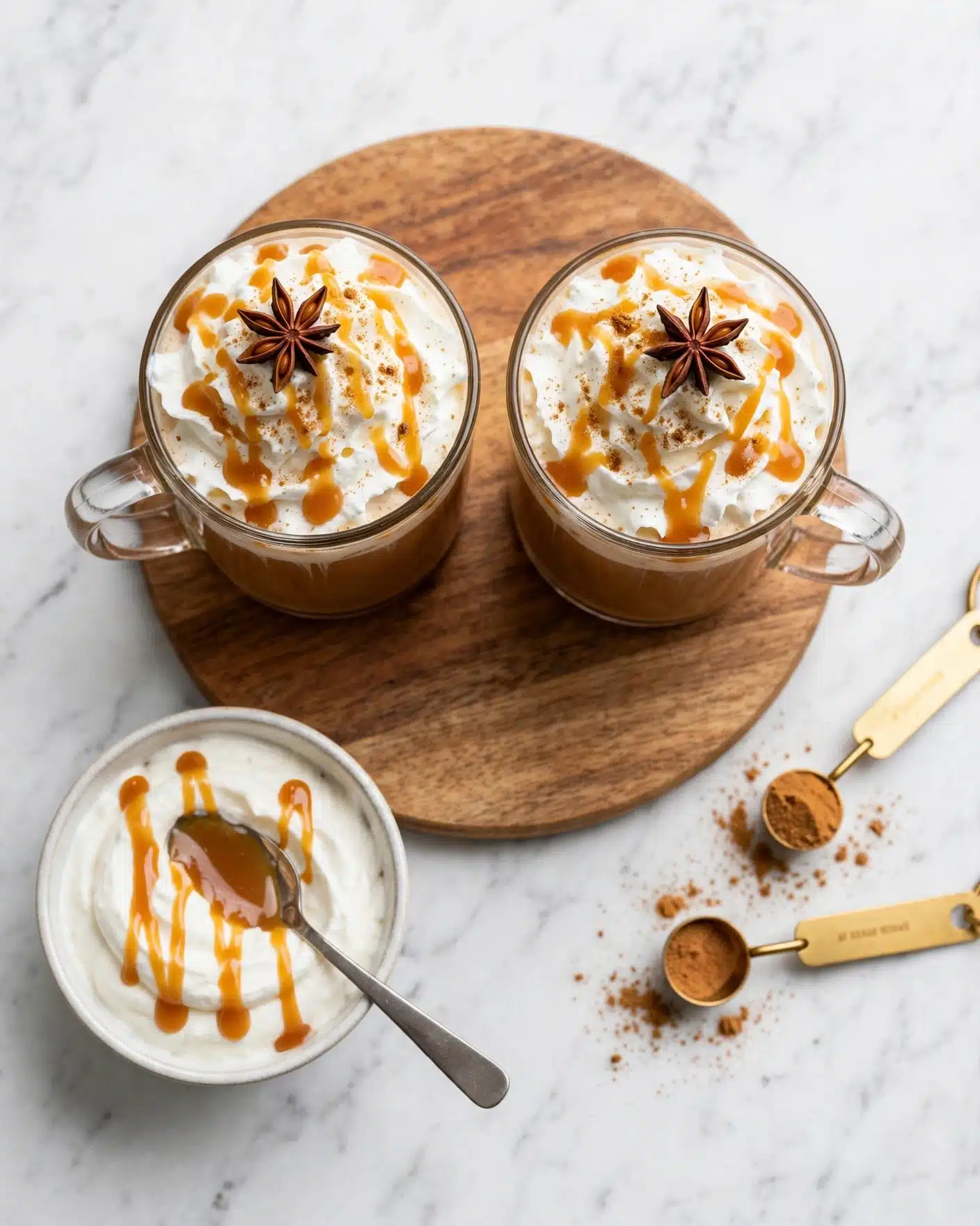 Two clear glass mugs filled with a warm orange-brown drink topped with fluffy white whipped cream, drizzled with caramel sauce, and sprinkled with brown spice powder. Each mug has a star anise placed on top of the whipped cream. The mugs are placed on a wooden round board set on a white marbled surface. Next to the mugs, there is a small white bowl filled with extra whipped cream and a spoon with caramel sauce dripping off it. There are also two small gold measuring spoons with brown spice powder scattered around them on the marbled surface. Photo taken with an iphone --ar 4:5 --v 7