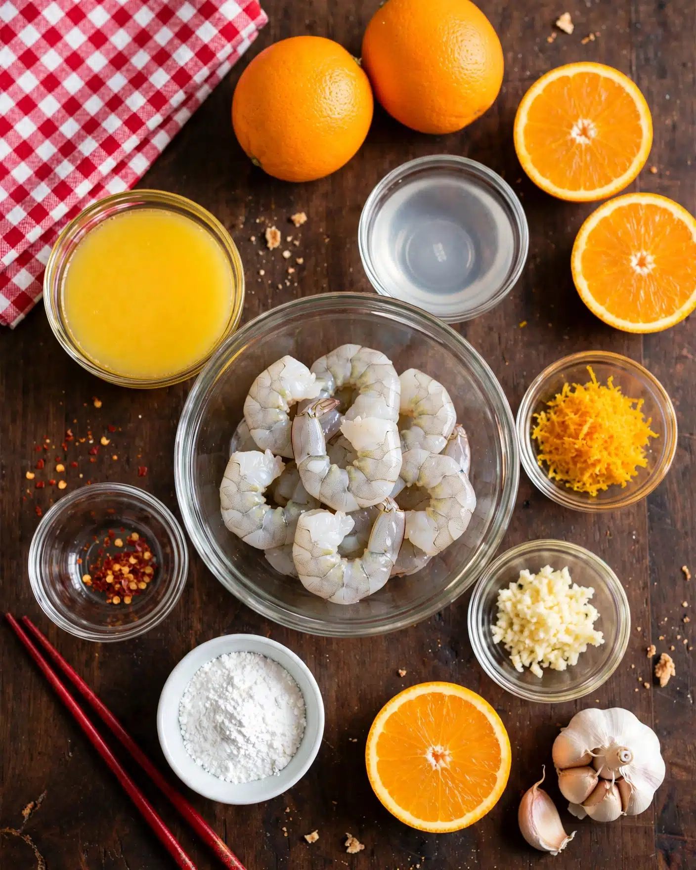 Crispy Orange Shrimp Recipe 4 The image shows a top-down view of various small glass bowls and whole ingredients neatly arranged on a dark wooden surface. In the center, there is a clear glass bowl filled with peeled raw shrimp that are light grayish-white. Surrounding it are bowls containing a yellow liquid, a clear liquid, finely grated orange zest, minced garlic, and a small quantity of chili flakes. Whole ingredients include two whole bright orange oranges, two orange halves showing the juicy interior, and one white garlic bulb. A white bowl filled with a white powder is also present, and a red and white checkered cloth is visible in the top left corner. The setup looks clean, organized, and ready for cooking preparation, with the overall feel emphasizing fresh ingredients. Photo taken with an iphone --ar 4:5 --v 7