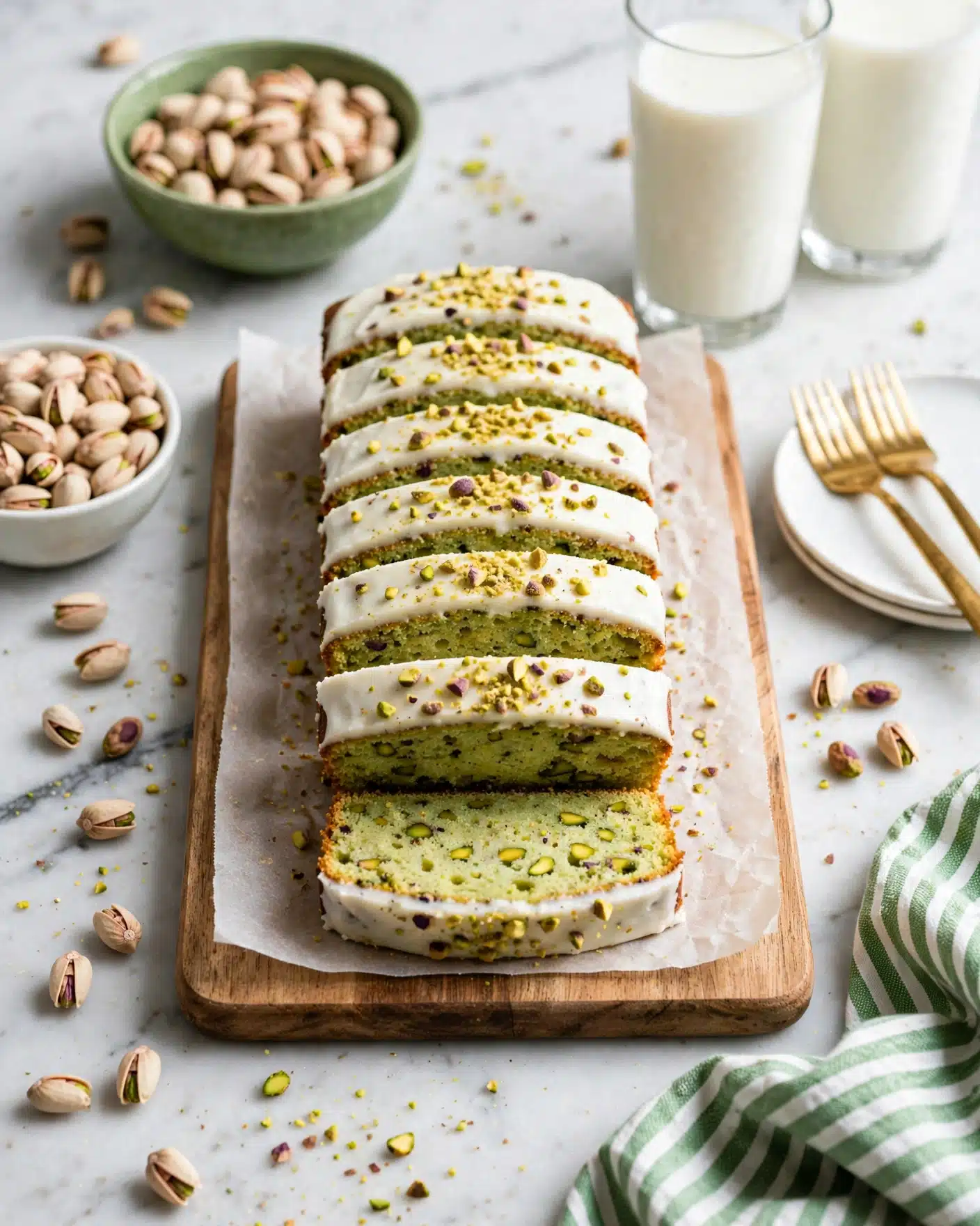 Pistachio Quick Bread Recipe 5 Two layers of light green cake with small dark and green bits inside sit stacked on a white plate, both covered with a thick white frosting. The frosting is topped with rough chopped green and brown pistachio nuts, some of which have fallen onto the plate. In the background, there is a soft green bowl full of whole pistachios and two tall glasses filled with white milk. The setting has a clean white marbled texture surface with scattered pistachios and a gold fork on the left side. Photo taken with an iphone --ar 4:5 --v 7