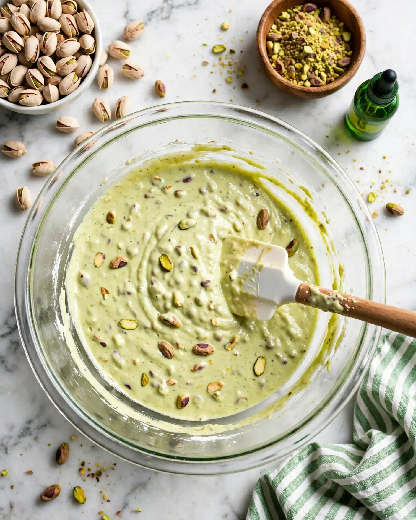 Pistachio Quick Bread Recipe 4 A large clear glass bowl contains a pale green creamy mixture with chunks of pistachio nuts visible throughout; inside the bowl is a white spatula with a light brown wooden handle partially covered in the mixture. Near the top left, a white bowl is filled with whole pistachio nuts, some spilled onto the white marbled surface. To the top right, a wooden bowl holds crushed pistachios with different shades of green and brown. A small green bottle is placed to the right of the wooden bowl. At the bottom right corner, there is a green and white striped cloth on the white marbled surface. Photo taken with an iphone --ar 4:5 --v 7