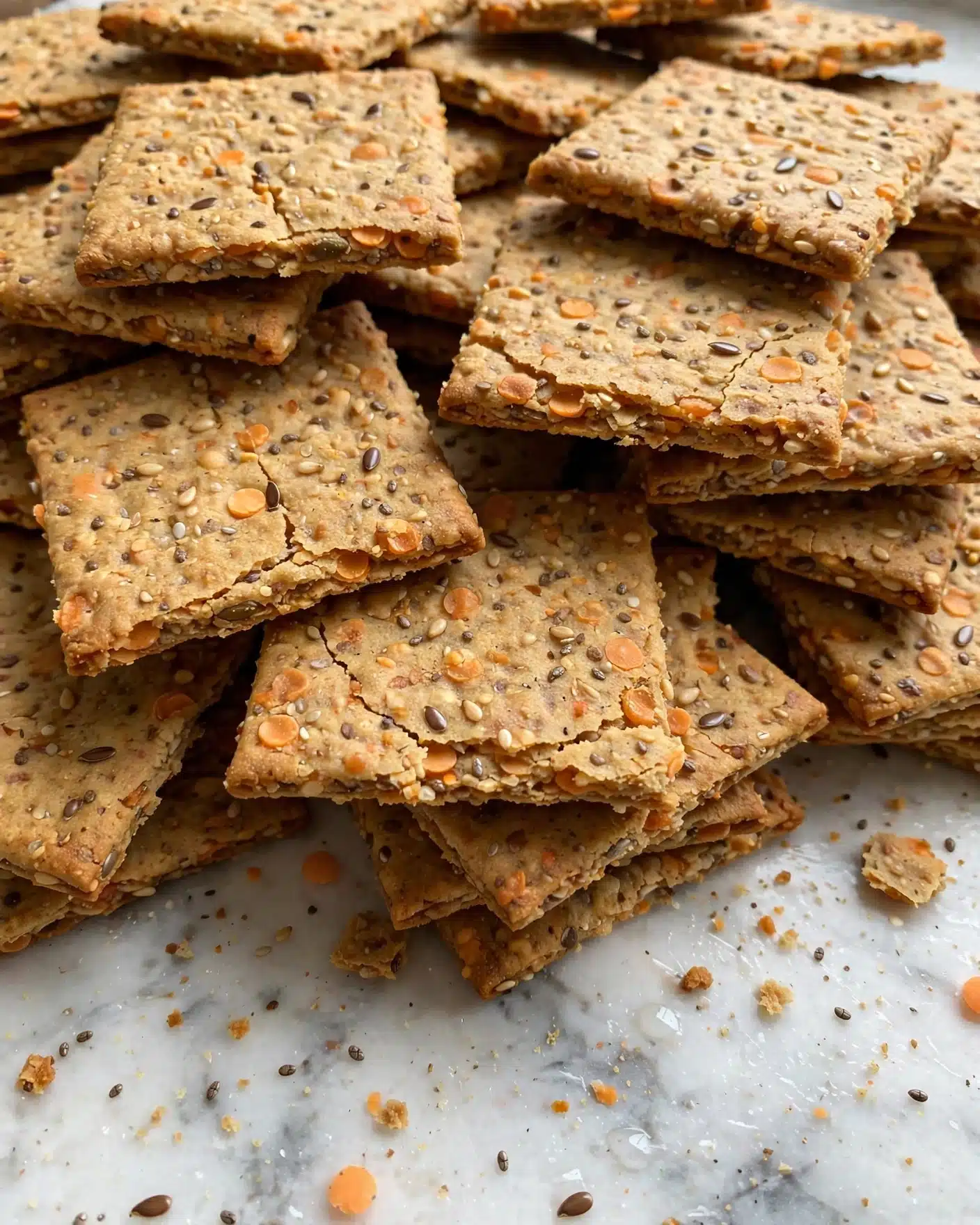 A close-up view of many square crackers stacked unevenly on a white marbled surface, each cracker has a light brown color with visible seeds and grain specks giving a rough texture, the crackers are thin with slightly uneven edges and some small cracks on top, they cover most of the frame filling the entire image area, showing a natural and simple snack look photo taken with an iphone --ar 4:5 --v 7