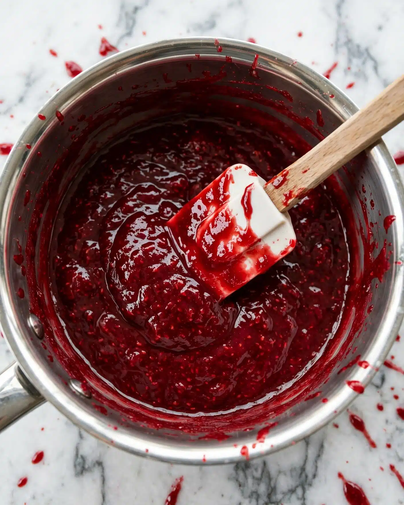 A close-up view of a shiny silver saucepan filled with thick, deep red sauce with a smooth texture. A wooden spatula with a white silicone tip is resting inside the pan, coated in the rich sauce. The pan sits on a white marbled background, and splashes of the sauce are visible on the edges of the pan and spatula. Photo taken with an iphone --ar 4:5 --v 7