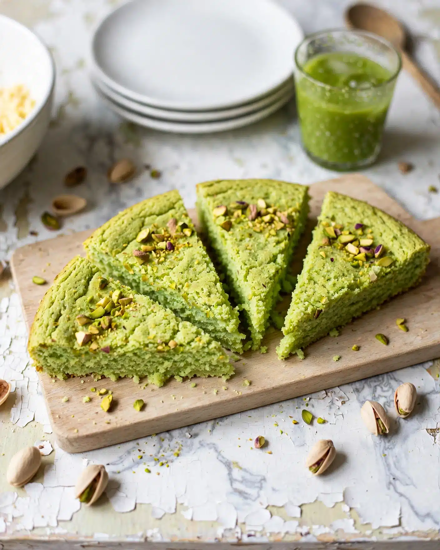 Pistachio Shortbread Recipe 5 The image shows several triangular slices of bright green dessert placed on a light wooden board, sprinkled with small pieces of chopped pistachios on the top. The texture of the dessert looks soft and slightly crumbly. Around the board, there are a few whole pistachios scattered. In the background, there are some white stacked plates and a glass with a green drink, all set on a white marbled surface. photo taken with an iphone --ar 4:5 --v 7