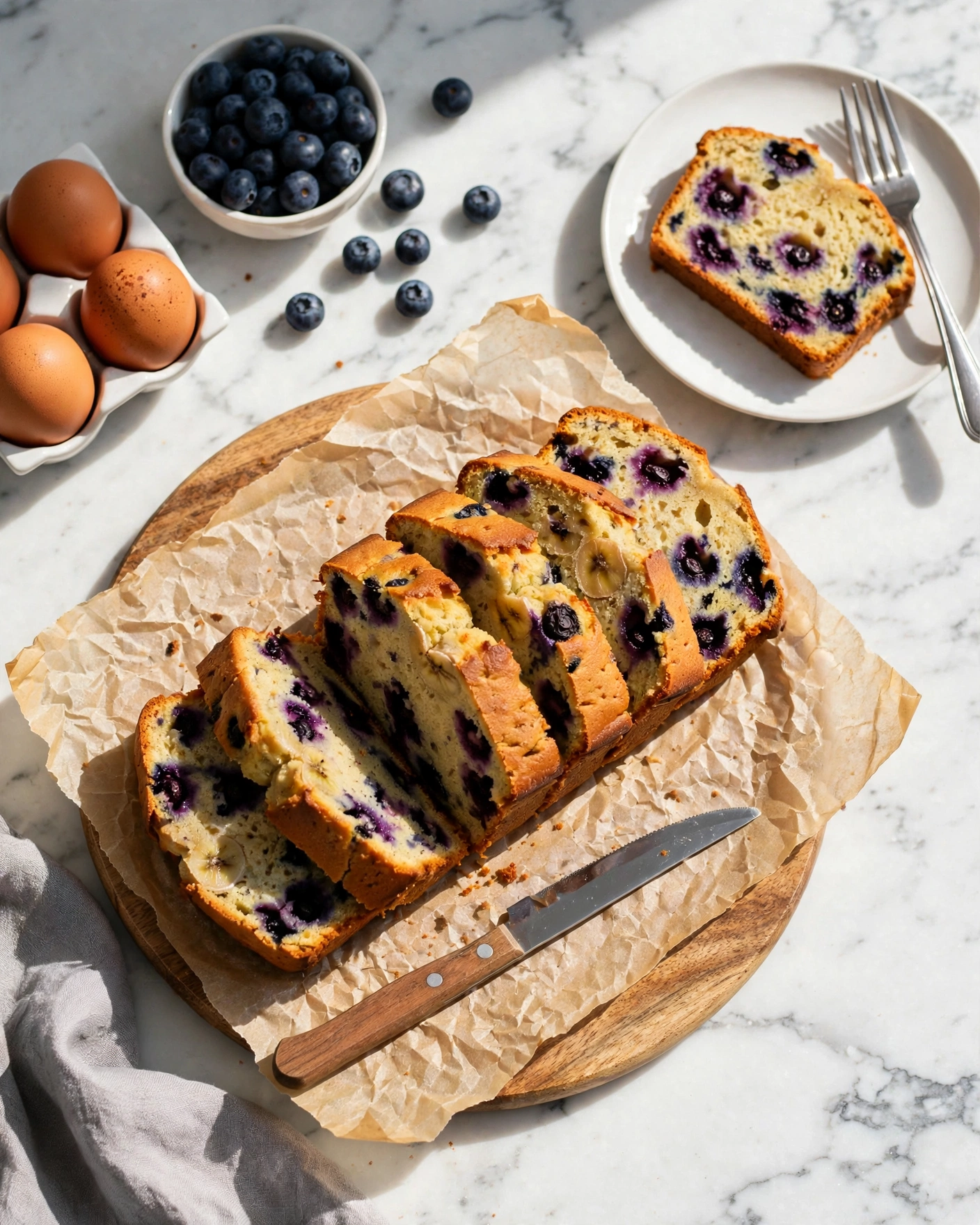 The image shows a sliced loaf of banana blueberry bread with a golden-brown crust and dark blueberries baked inside, placed on wrinkled parchment paper over a wooden board. To the top left, there is a small white bowl filled with fresh blueberries, with a few scattered blueberries nearby, and three brown eggs in a white ceramic holder. At the top right, a slice of the bread is on a white plate with a silver fork. A knife with a wooden handle rests on the parchment paper. Everything is set on a white marbled surface with a gray cloth partially visible at the bottom left. photo taken with an iphone --ar 4:5 --v 7