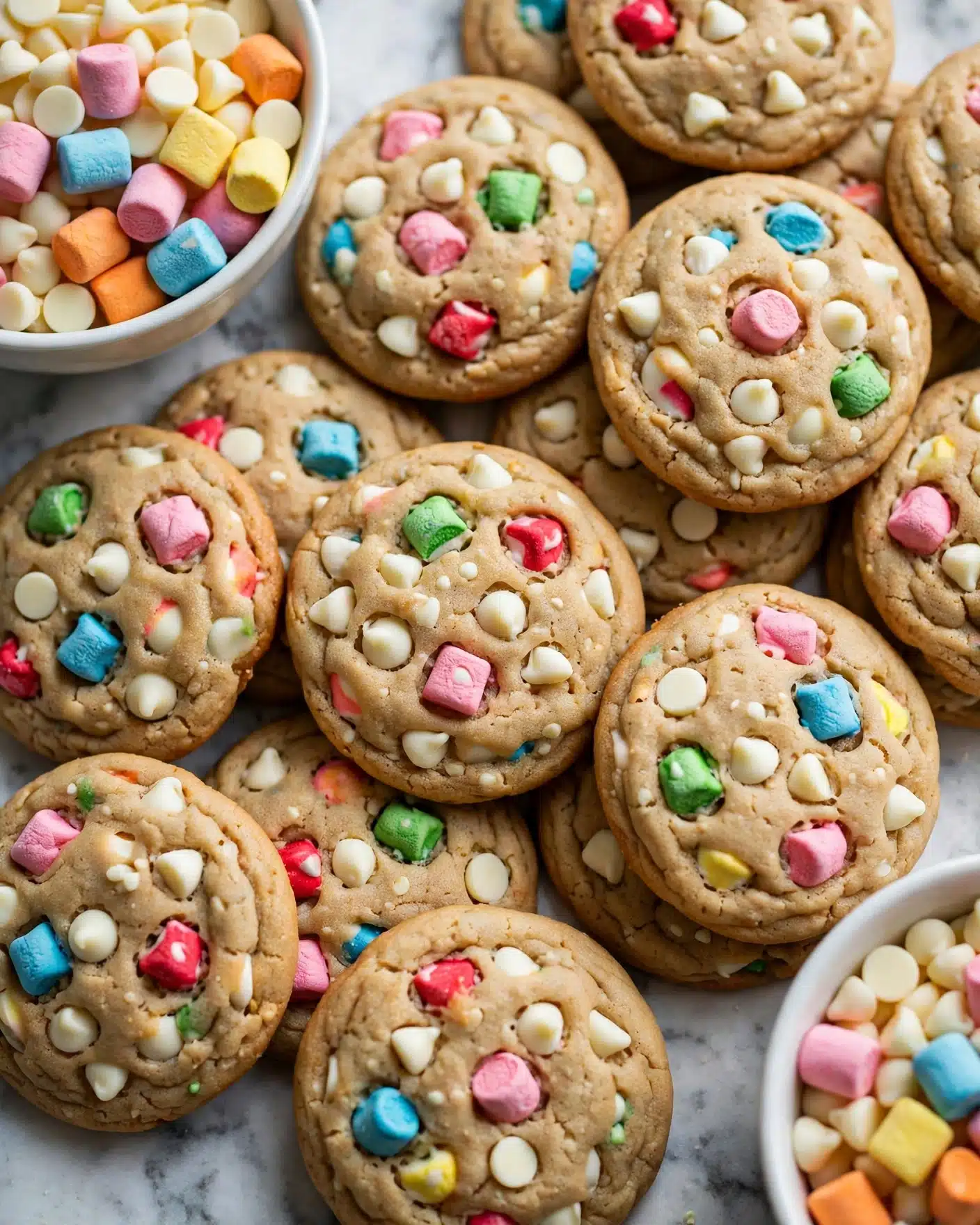 Lucky Charm Cookies Recipe 5 There are many soft, round cookies with a light brown dough placed close together on a copper cooling rack. Each cookie is topped with colorful, small marshmallow pieces in shapes like hearts, rainbows, and circles in colors pink, blue, yellow, red, and green, along with white chocolate chips scattered on the surface. In the background, two white speckled bowls contain more white chocolate chips and small colorful marshmallows. The whole scene is set on a white marbled surface. photo taken with an iphone --ar 4:5 --v 7