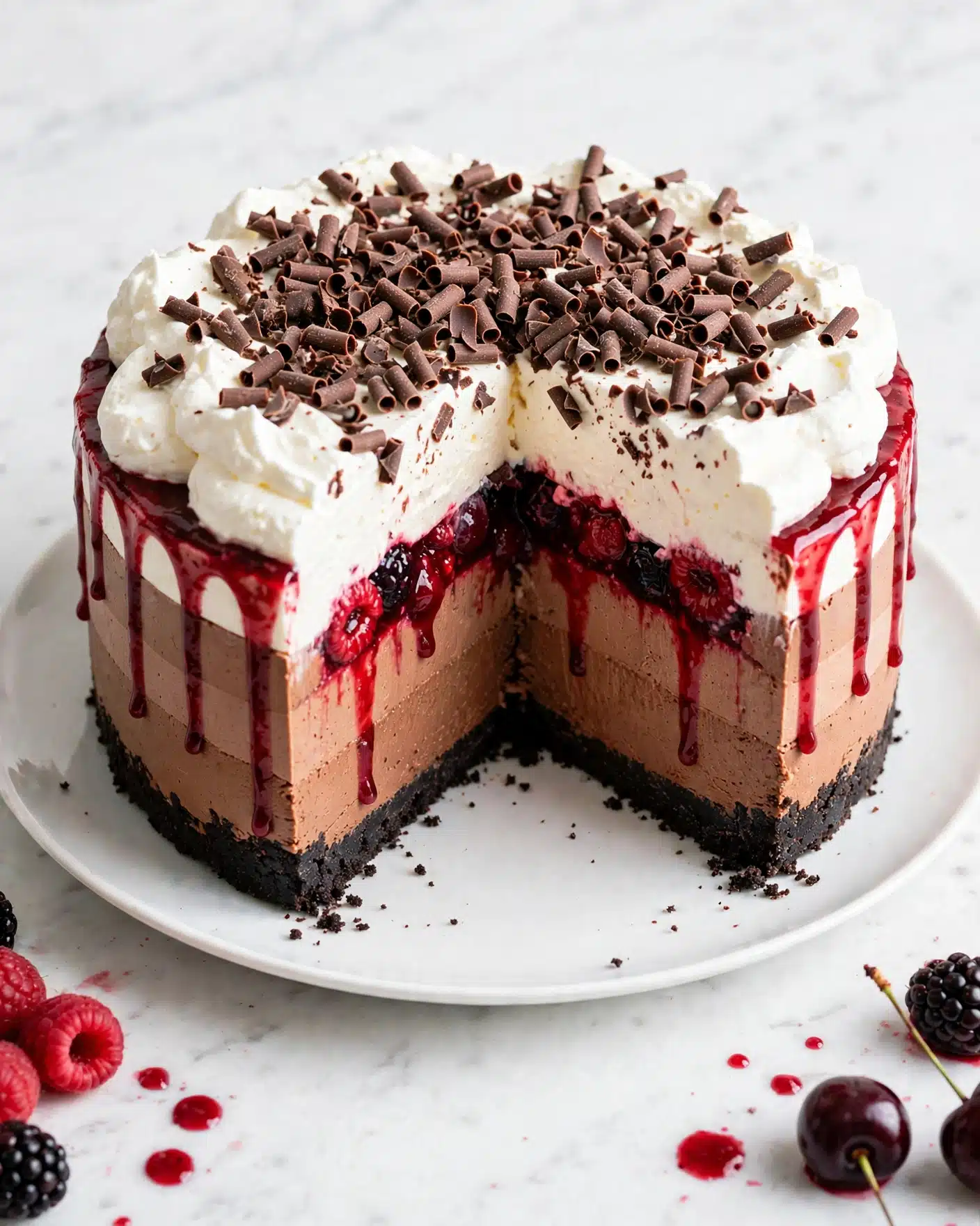No Bake Black Forest Cheesecake (Vegan) Recipe 5 The image shows a round chocolate mousse cake on a white ceramic plate over a white marbled surface. The cake has four distinct layers: a dark, crumbly base at the bottom, a thick and smooth milk chocolate mousse layer above it, topped by a bright red mixed berry compote dripping slightly down the sides, and a fluffy white whipped cream layer on top. The whipped cream is generously covered with a pile of dark chocolate curls. A slice is missing from the cake, revealing the clean layers inside. Photo taken with an iphone --ar 4:5 --v 7
