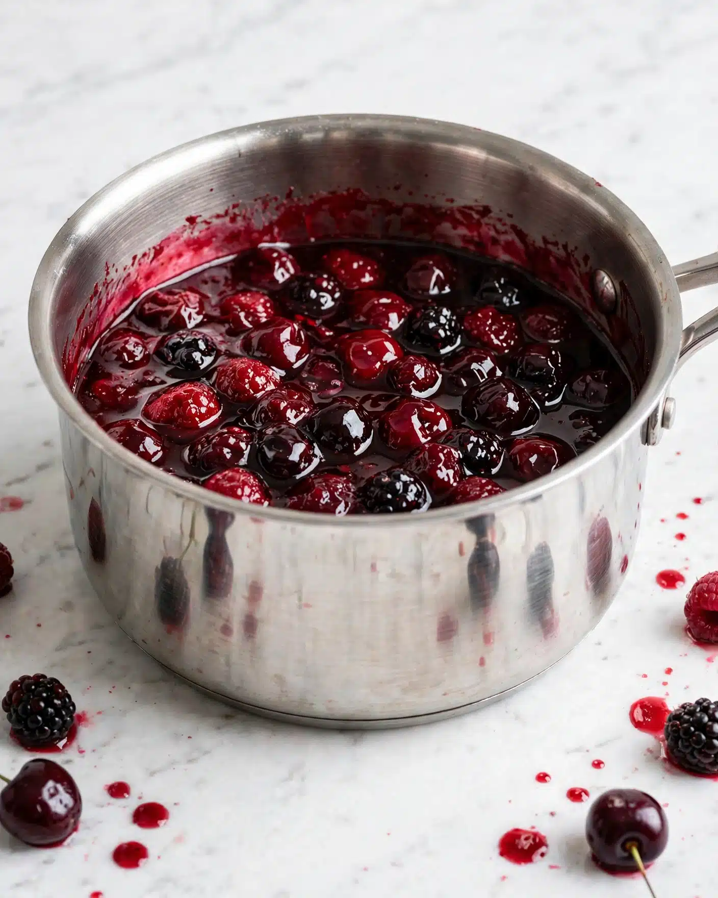 No Bake Black Forest Cheesecake (Vegan) Recipe 4 The image shows a shiny stainless steel pot filled with a deep red mixture of cooked berries. The berries are slightly broken down, dark red to almost black in some places, sitting in a thick, rich red syrup that shines under the light. The pot is placed on a white marbled surface, which contrasts with the dark, glossy look of the berries and syrup inside. Photo taken with an iphone --ar 4:5 --v 7