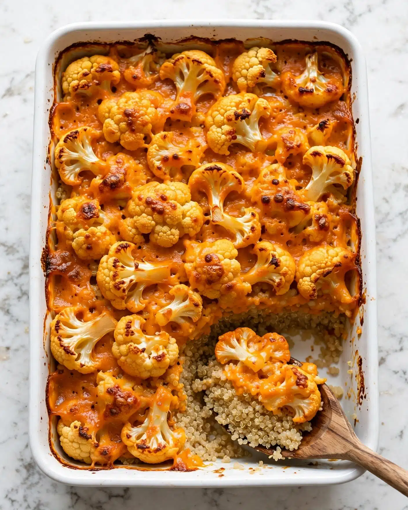 The image shows a white rectangular baking dish filled with a cooked casserole. The top layer is made of small pieces of cauliflower covered in an orange sauce that has a slightly crispy and bubbly texture. Beneath the cauliflower layer is a thick bed of light beige quinoa, with round grains closely packed together. A wooden spoon is scooping a portion from the bottom right corner of the dish, revealing the two distinct layers. The dish is set on a white marbled surface. photo taken with an iphone --ar 4:5 --v 7