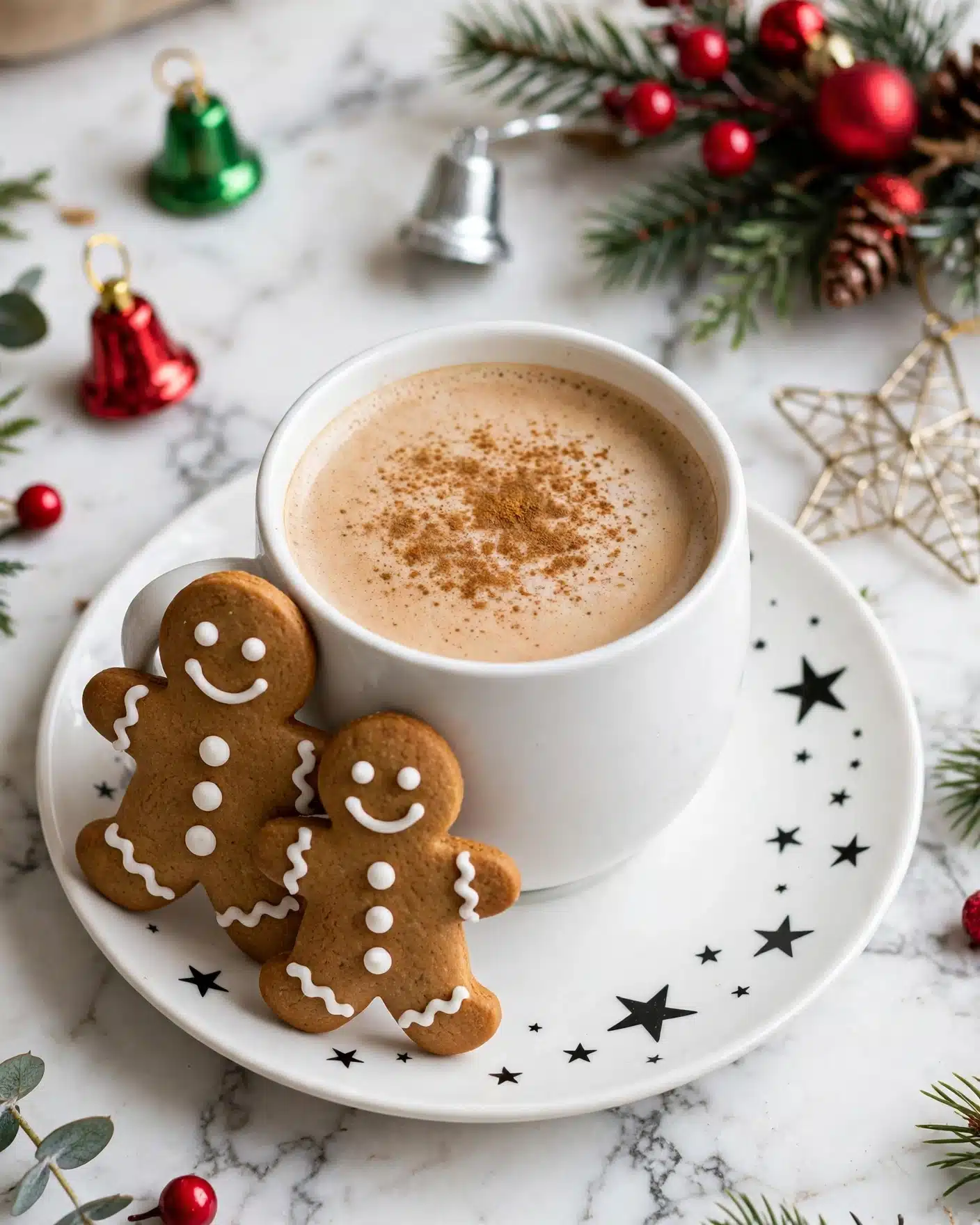 A white cup filled with light brown creamy drink topped with a sprinkle of cinnamon on the surface sits centered on a white plate with black star designs, placed on a white marbled texture. Two gingerbread cookies decorated with white icing smiley faces and buttons lean against the cup on the plate’s left side. Around the plate on the white marbled surface, there are Christmas decorations including green, red, and silver bells, a pine branch with red ornaments, and a wire star ornament. Photo taken with an iphone --ar 4:5 --v 7