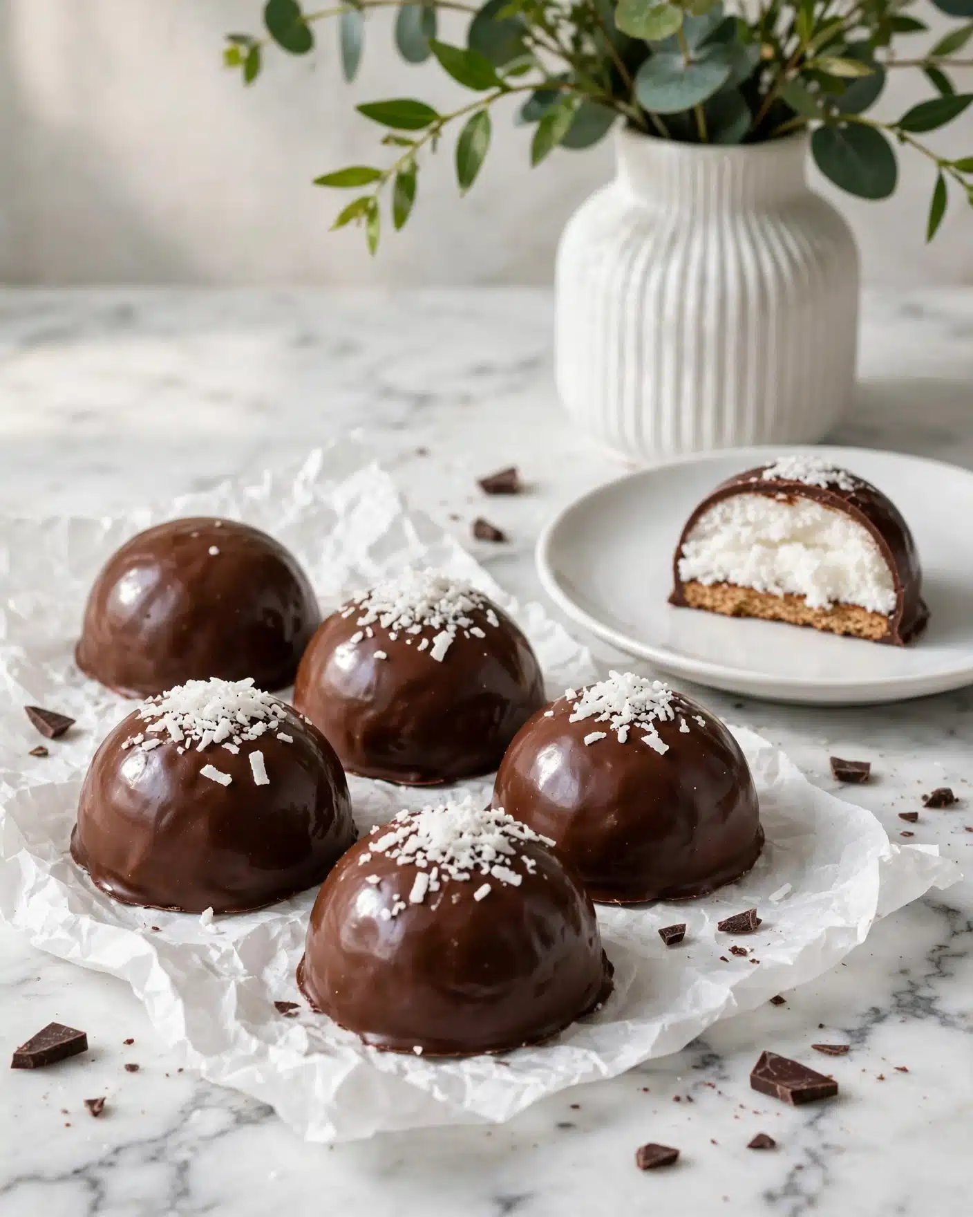 There are several dome-shaped chocolate treats placed on crumpled white paper, with some topped with white coconut flakes on the surface. The chocolate coating is smooth and glossy with a dark brown color. In the background, a white plate holds one treat that is cut in half, revealing a white, fluffy interior on a light brown base. A white ribbed vase with green leafy plants stands behind the plate. The scene is set on a white marbled surface with scattered chocolate pieces around. photo taken with an iphone --ar 4:5 --v 7