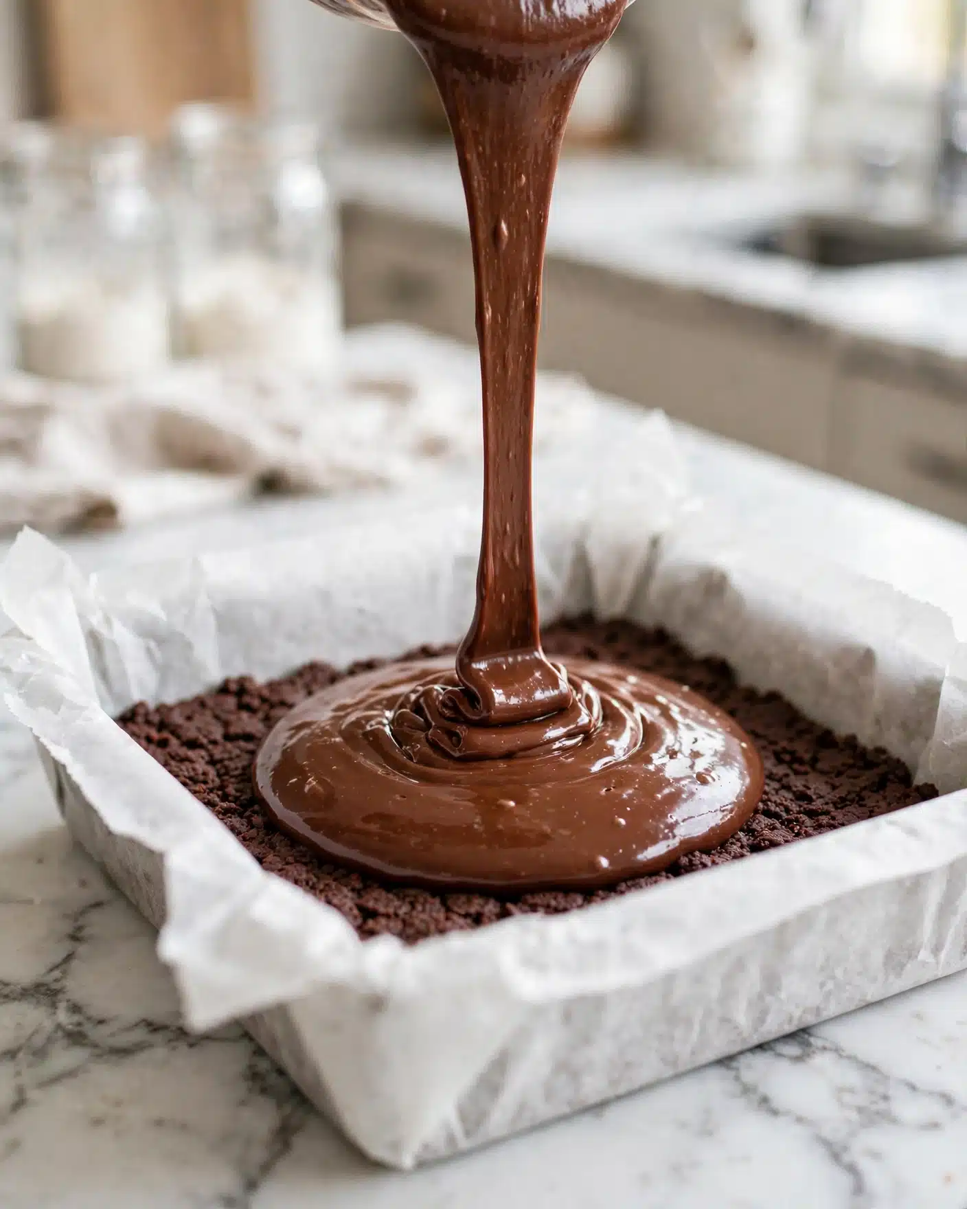 No Bake Cosmic Brownie Protein Bites Recipe 4 A close-up of rich, shiny chocolate batter being poured in a thick stream onto a dark, textured chocolate layer inside a white parchment paper-lined baking pan, set on a white marbled surface, with the background softly out of focus, showing a modern kitchen setting; the chocolate stream forms a smooth, glossy puddle on the surface. photo taken with an iphone --ar 4:5 --v 7