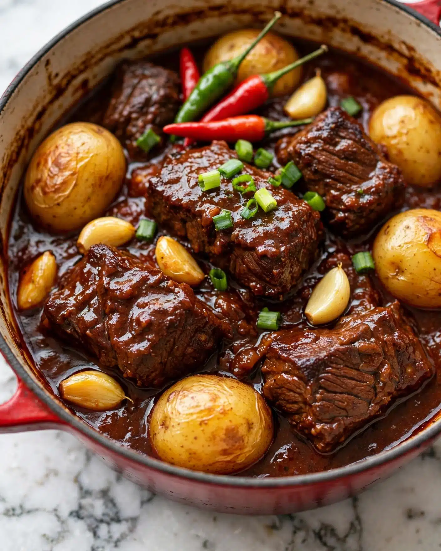 A close-up view of a red pot filled with a rich, dark reddish-brown stew, featuring several pieces of tender meat coated in thick sauce as the main layer. Interspersed among the meat are whole small golden potatoes with a slightly crispy skin, some bright green chopped onions, and whole cloves of garlic with a light yellow color. A few red and green chili peppers add pops of color on top, all sitting in the thick sauce at the base. The pot is shown on a white marbled surface. photo taken with an iphone --ar 4:5 --v 7