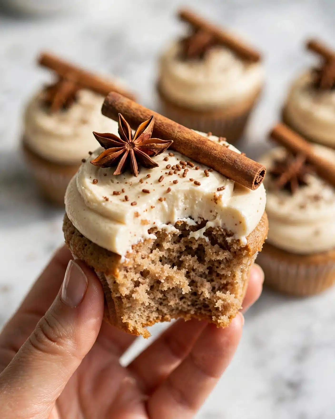 Chai Latte Cupcakes Recipe 5 A close-up image of a single cupcake held by a woman's hand with one bite taken from the lower part showing its moist, light brown, crumb texture. The cupcake has a thick layer of smooth, creamy, light beige frosting on top, decorated with small brown sprinkles on the surface. On top of the frosting is a whole star anise and a thick cinnamon stick placed diagonally. In the blurred background, there are more cupcakes with the same frosting and spice decorations on a white marbled surface. photo taken with an iphone --ar 4:5 --v 7