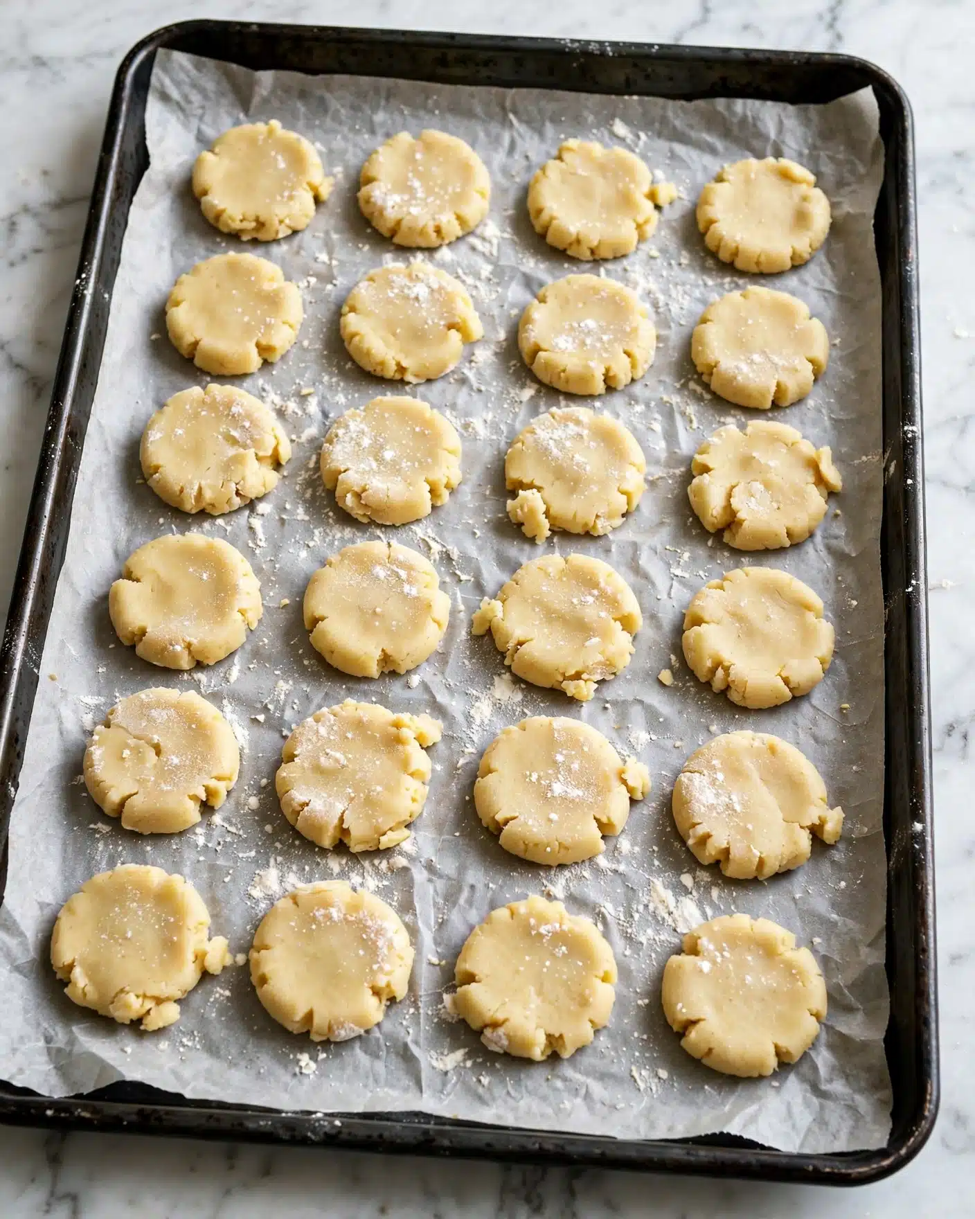 A dark metal baking tray is lined with a sheet of lightly floured parchment paper, upon which rest 24 small, flat, round dough pieces arranged neatly in a 6 by 4 grid. The dough pieces are pale yellow with a soft, slightly uneven texture and some light dustings of white flour on their surfaces. The edges of some dough rounds are slightly uneven or have small imperfections. The tray sits on a white marbled surface. photo taken with an iphone --ar 4:5 --v 7