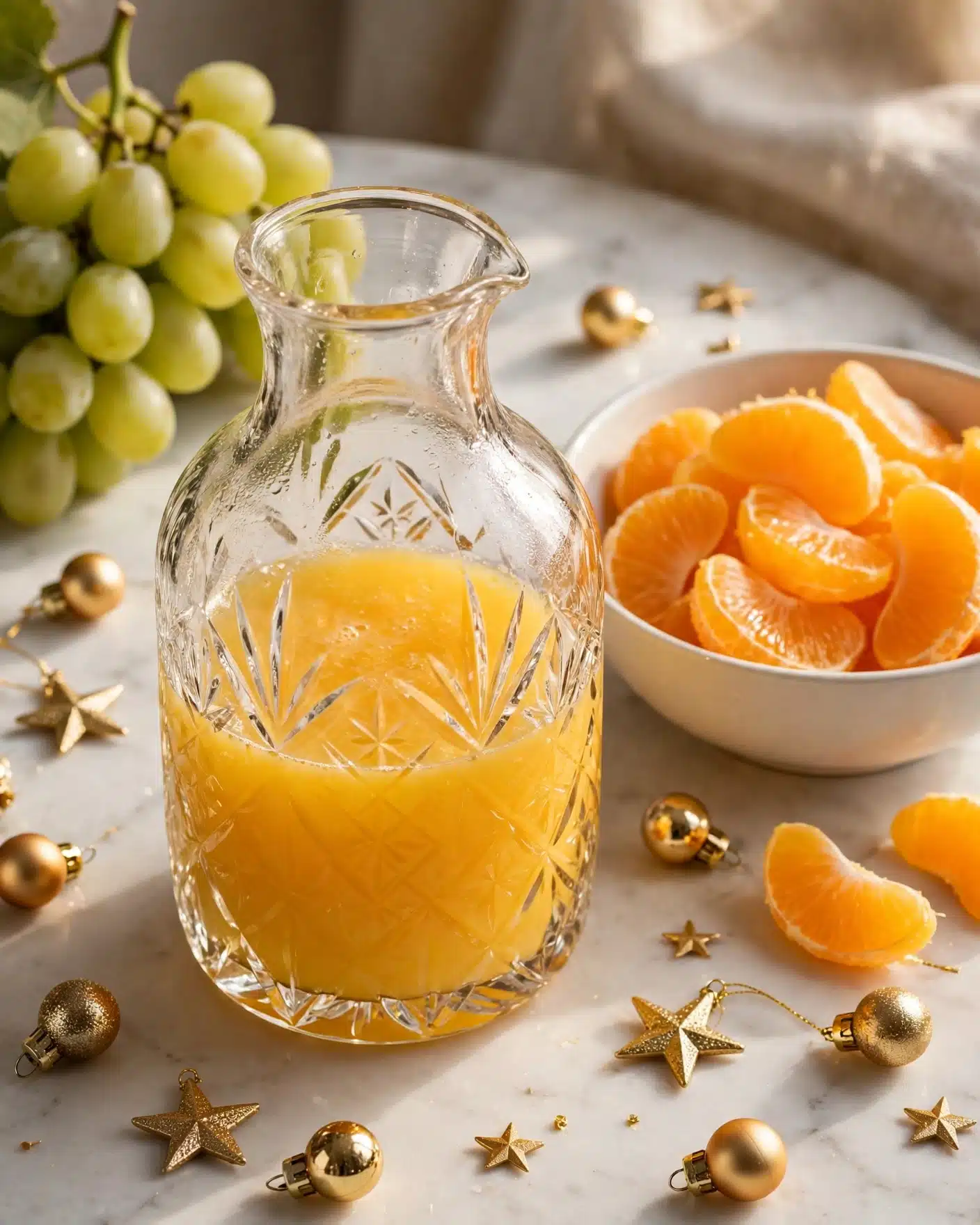 A clear glass jug with an intricate cut pattern is half-filled with bright yellow orange juice, placed on a white marbled surface. Nearby, there is a bunch of light green grapes in the upper left corner. To the right, a white bowl contains peeled orange segments, shining with juice. Surrounding the jug and bowl are small gold Christmas ornaments, including stars and balls, adding a festive feel to the scene. The image shows soft, warm lighting and a cozy setting. photo taken with an iphone --ar 4:5 --v 7