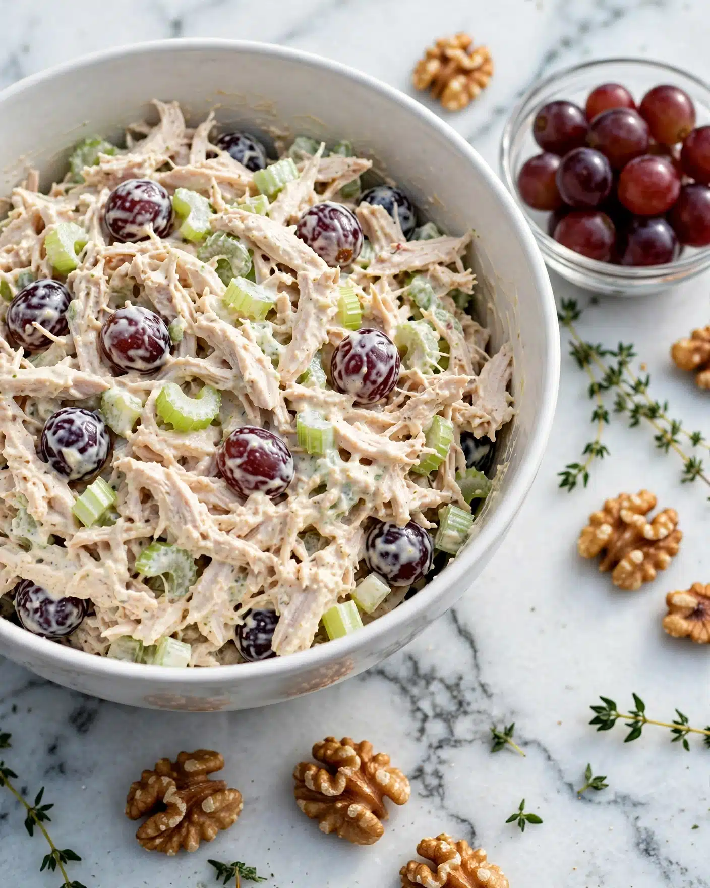 California Chicken Salad Recipe 5 A white bowl filled with a creamy chicken salad that has visible layers of shredded light beige chicken mixed with small green celery pieces and whole red grapes spread evenly throughout. The creamy texture lightly coats all ingredients, creating a soft and chunky mix. The bowl is placed on a white marbled surface with scattered walnut pieces and a small clear bowl of red grapes next to it, along with a sprig of green thyme for decoration. photo taken with an iphone --ar 4:5 --v 7