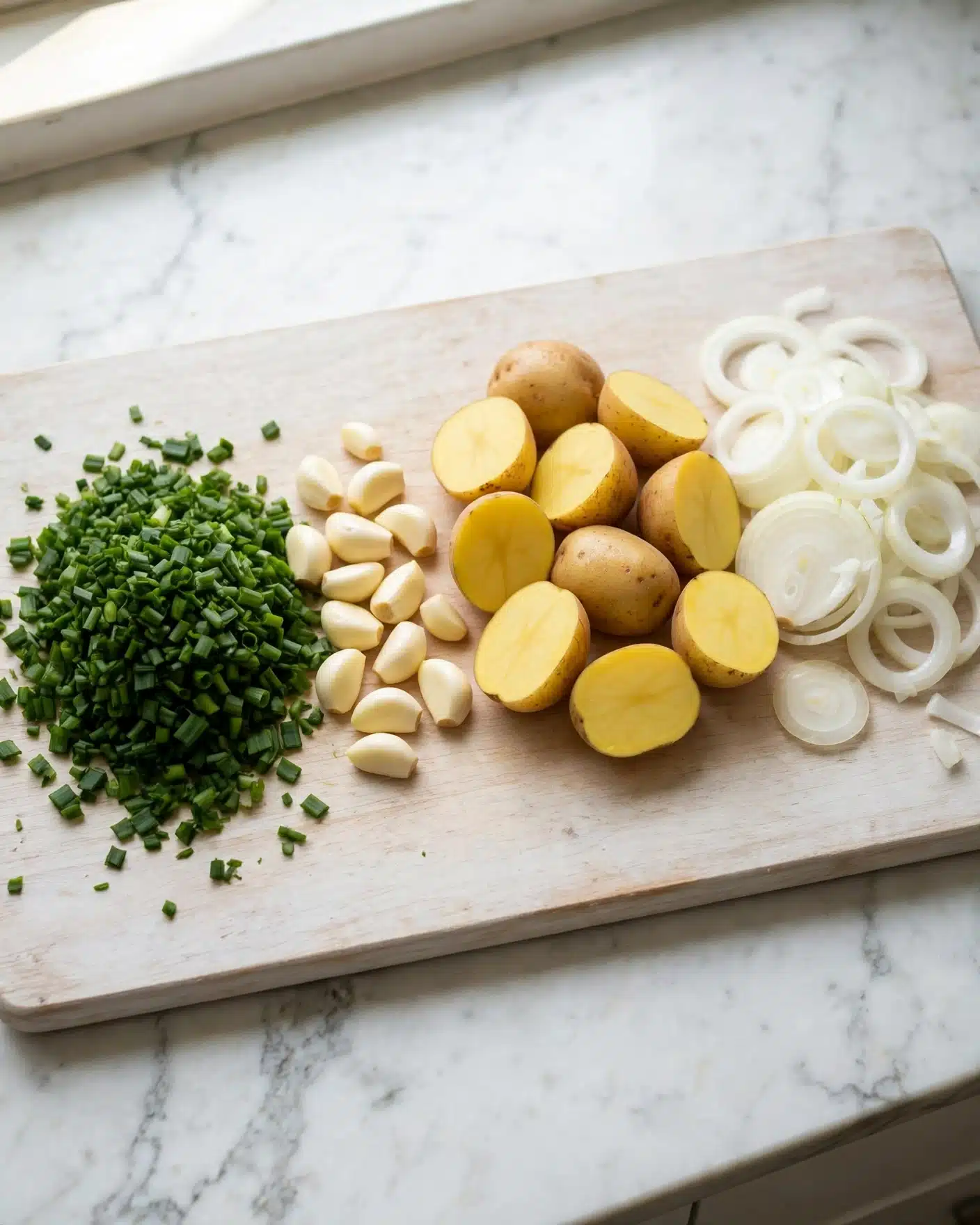 The image shows a white cutting board on a white marbled surface with four groups of chopped vegetables arranged from left to right: dark green chopped scallions, small peeled garlic cloves, halved baby yellow potatoes with light brown skin and bright yellow inside, and white sliced onions with multiple layers visible. photo taken with an iphone --ar 4:5 --v 7