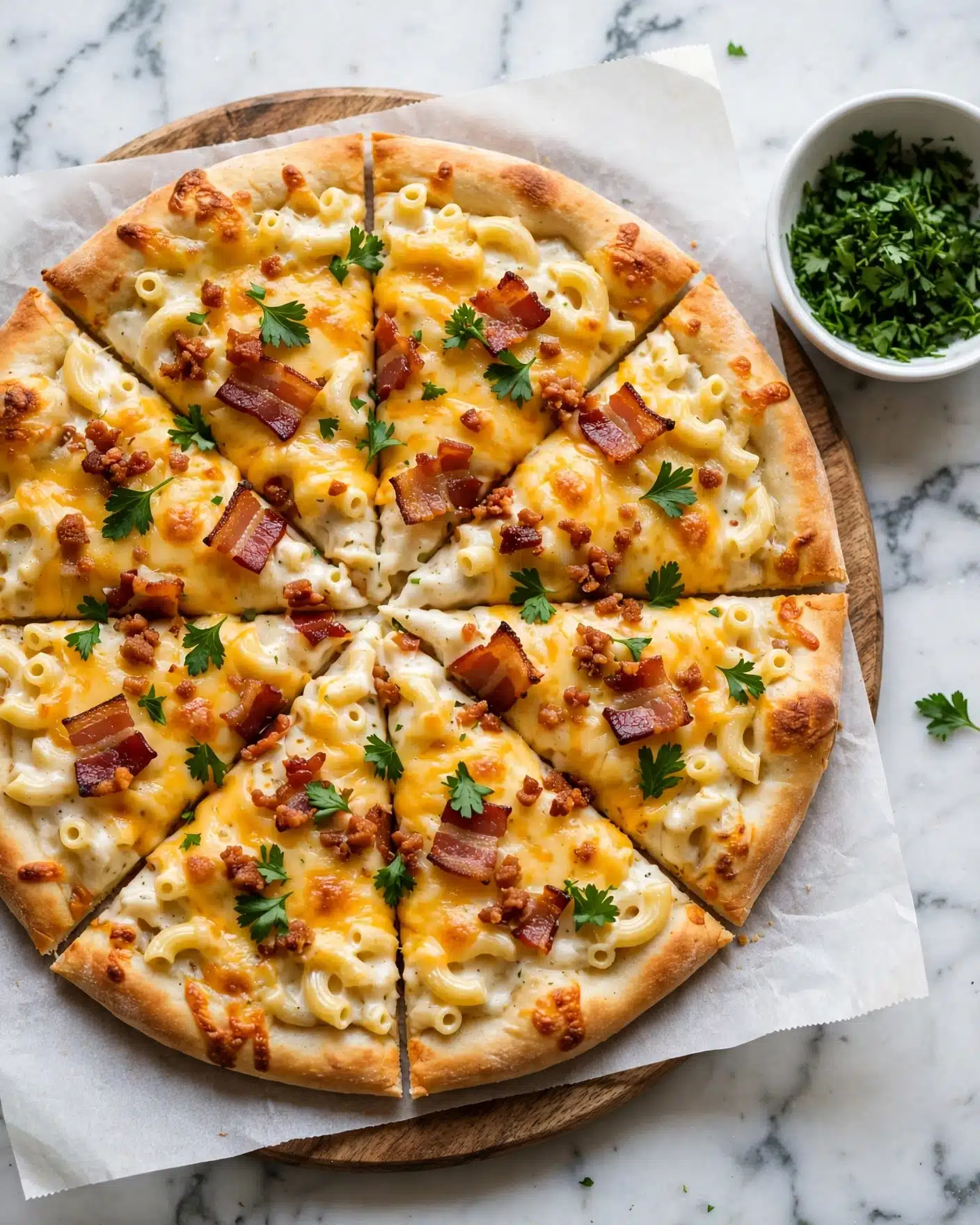 Macaroni and Cheese Pizza Recipe 5 A round pizza with a light golden brown crust is sliced into eight pieces on white paper on a wooden board. The pizza has three main layers on top: a creamy white base layer mixed with macaroni, a melted yellow-orange cheese layer spread thickly, and scattered crispy brown bacon pieces. Green parsley leaves are sprinkled all over, adding small bursts of color. Next to the pizza is a small white bowl filled with chopped green parsley placed on a white marbled surface. Photo taken with an iphone --ar 4:5 --v 7