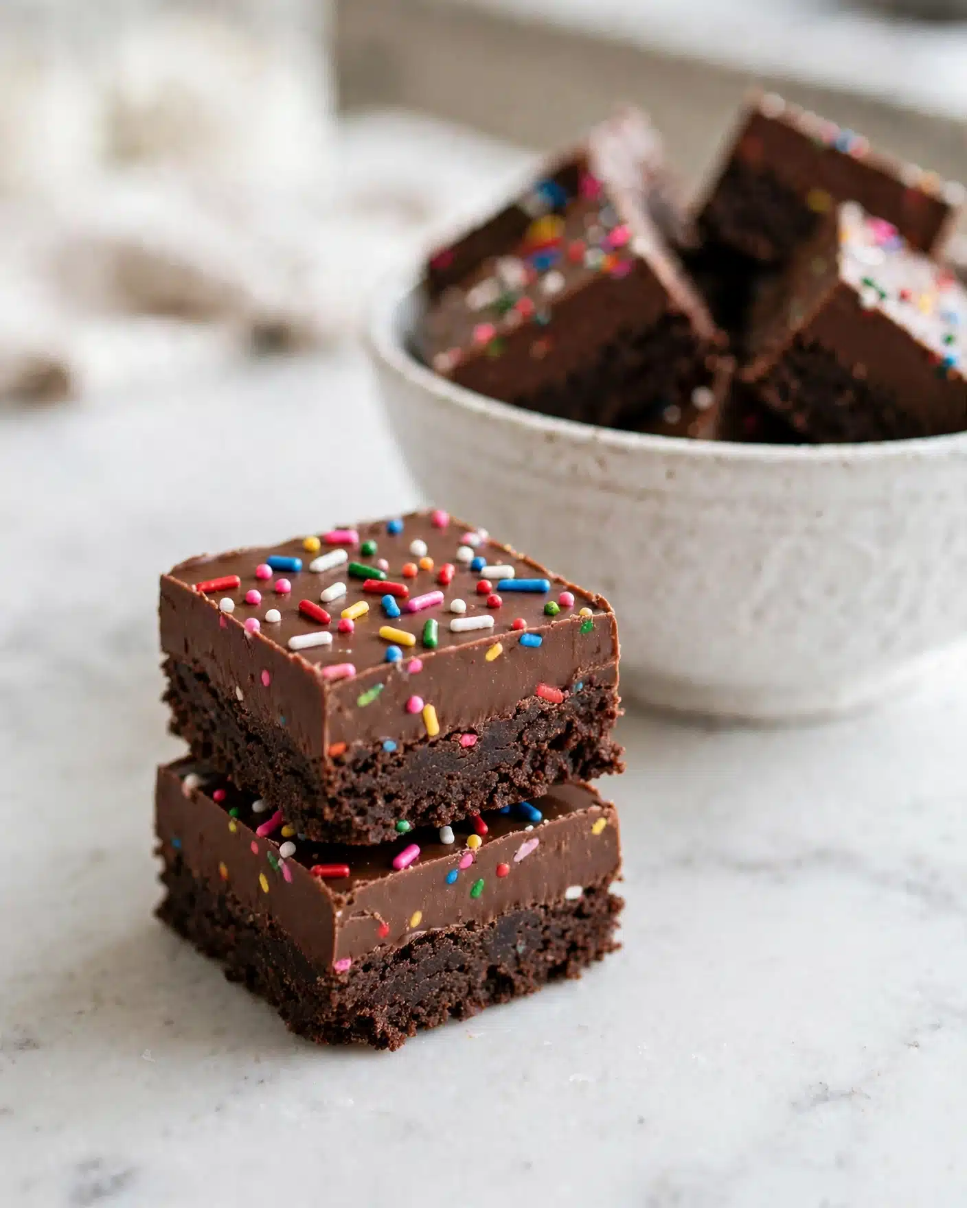 No Bake Cosmic Brownie Protein Bites Recipe 5 The image shows two square chocolate fudge pieces stacked on each other on a smooth white marbled surface. Each piece has two visible layers: the bottom layer is dark brown with a slightly rough texture, and the top layer is a smoother, glossy chocolate brown. The top fudge layer is decorated with small, colorful round and elongated sprinkles in red, pink, blue, yellow, green, and white. Behind the fudge squares, there is a white textured bowl filled with more pieces of the same chocolate fudge, slightly out of focus in the background. Photo taken with an iphone --ar 4:5 --v 7