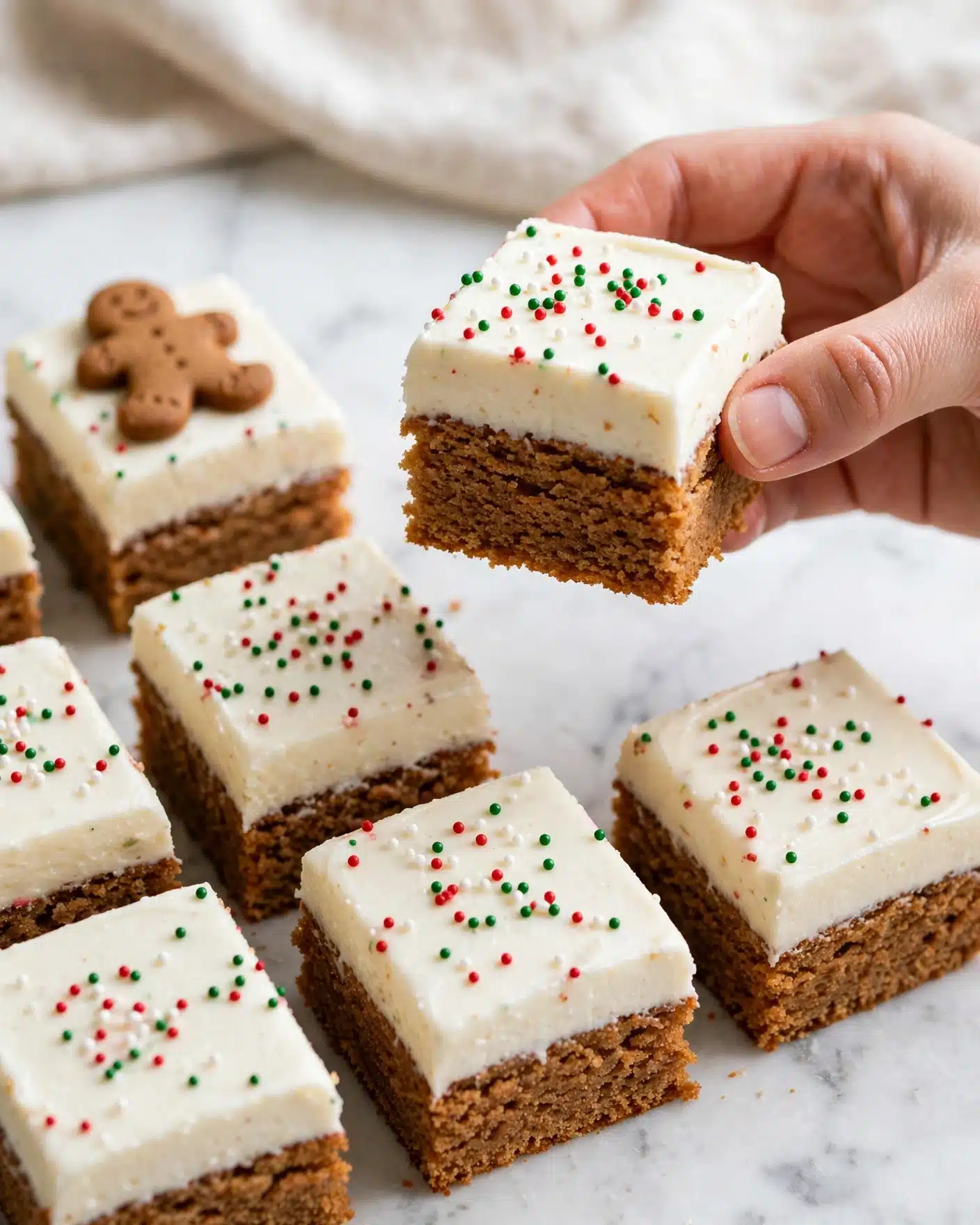 Chewy Gingerbread Cookie Bars Recipe 5 The image shows a close-up of a square piece of cake held by a woman's hand above a white marbled surface with several other cake squares visible below. The cake has two layers: a thick bottom layer that is brown and textured like a moist gingerbread, and a thick top layer of smooth, creamy white frosting. The frosting is decorated with small round sprinkles in red, green, and white colors, and a small brown gingerbread man-shaped decoration sits on top of one of the cake pieces in the background. The cake pieces are arranged neatly, showing clean edges and a soft, inviting texture photo taken with an iphone --ar 4:5 --v 7