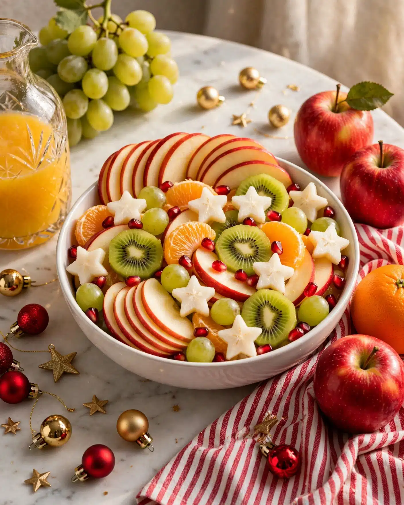 A white bowl filled with a colorful fruit salad is placed on a white marbled surface. The salad has thin slices of red apples arranged in curved layers, bright green kiwi slices with their distinctive seeds, and orange segments that add a pop of orange color. Round green grapes are scattered throughout, along with small red pomegranate seeds providing a festive contrast. White star-shaped fruit pieces are spread evenly across the top, adding a decorative touch. The bowl is surrounded by whole fruits including grapes, oranges, and apples, along with golden and red Christmas ornaments and a striped red and white cloth. Photo taken with an iphone --ar 4:5 --v 7