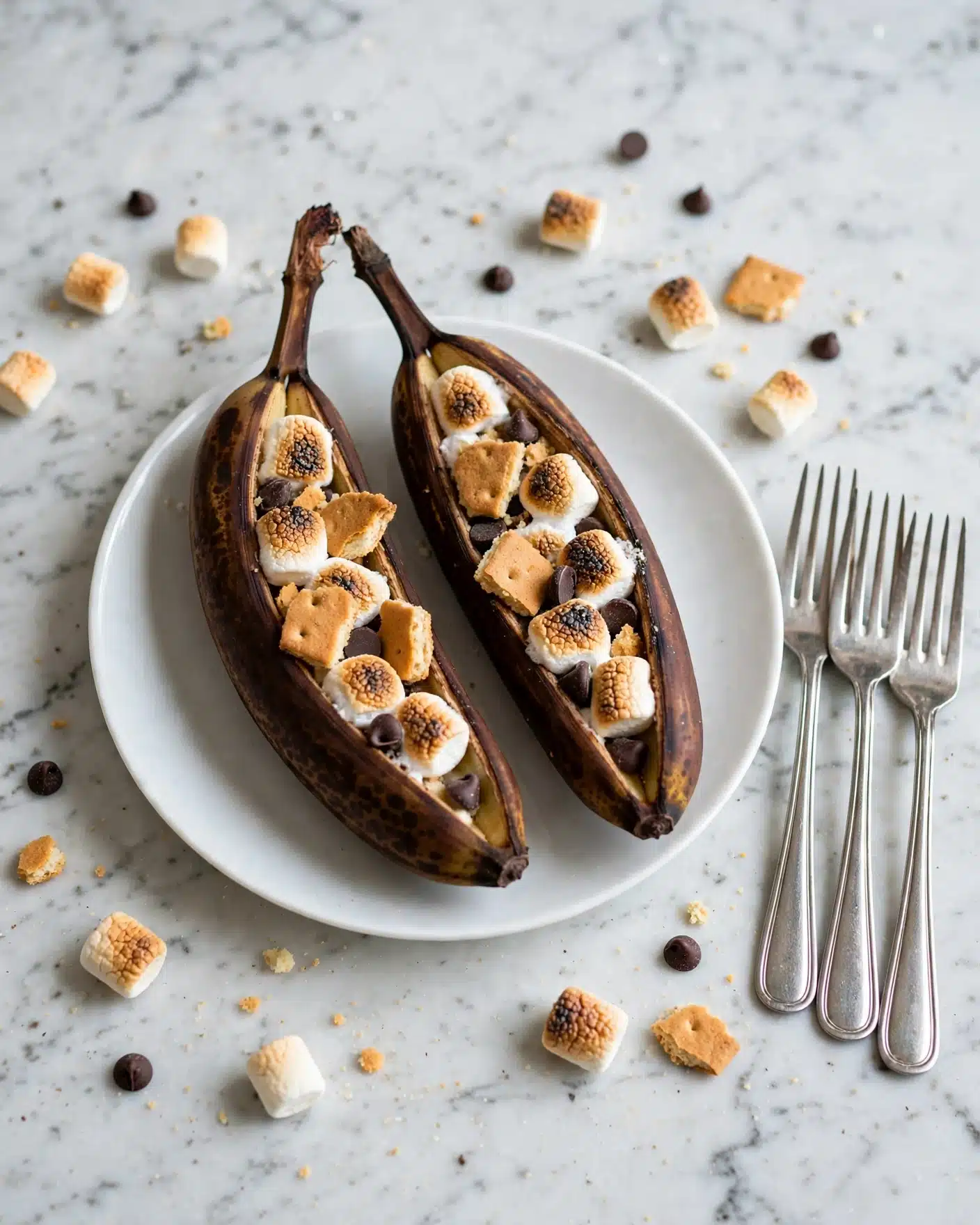 Two dark brown bananas with a slit down the middle lie side by side on a white plate. Inside each banana are several small white toasted marshmallows arranged in a row, mixed with uneven golden biscuit pieces and scattered dark chocolate chips. The bananas rest on a white marbled surface with extra marshmallows and chocolate chips around the plate. Three silver forks are placed next to the plate. Photo taken with an iphone --ar 4:5 --v 7