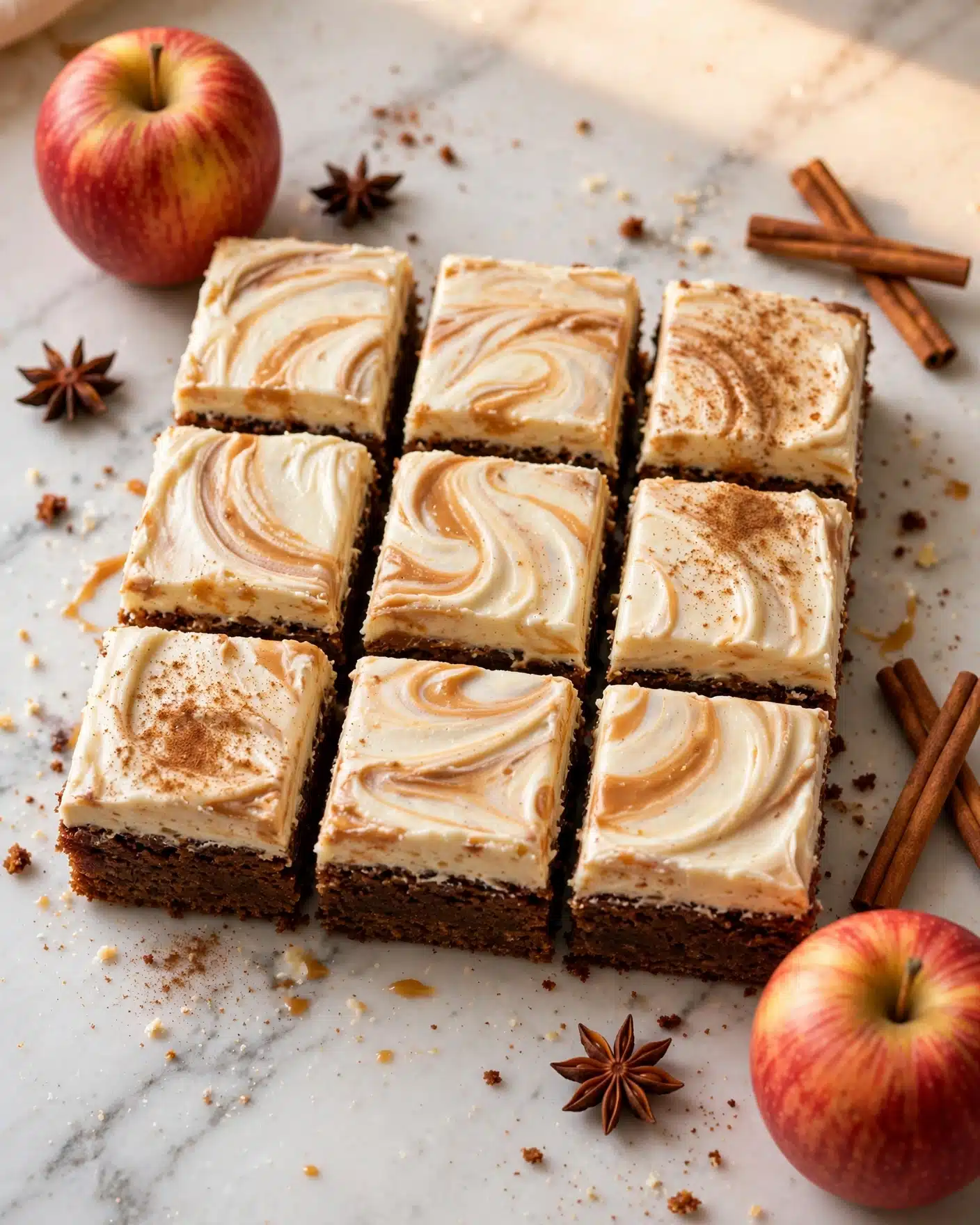 Apple Cider Cake Recipe 5 The image shows nine square cake pieces arranged together on a white marbled surface. Each piece has two layers: the bottom layer is dark brown and dense, while the top layer is a thick, creamy white frosting with caramel-colored swirls creating a marbled effect. Some of the pieces are sprinkled with a light dusting of brown spice. Around the cakes, there are cinnamon sticks, star anise, and two red apples adding a warm, autumn feel. Photo taken with an iphone --ar 4:5 --v 7