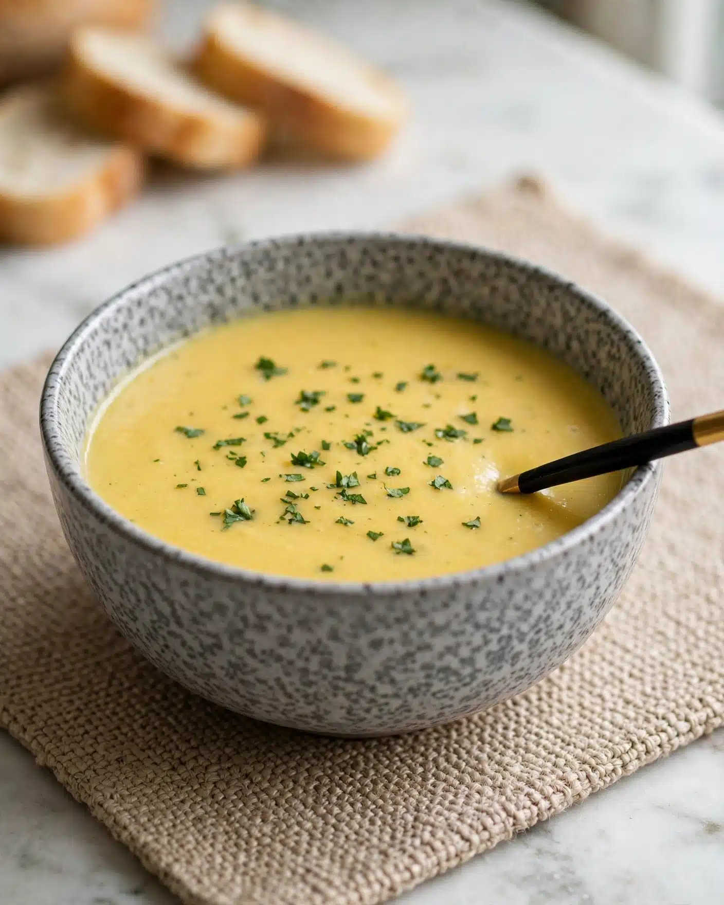 A bowl with a speckled gray pattern holds creamy yellow soup garnished with small green herb pieces scattered on top. A black spoon with a golden tip rests inside the bowl on the right side. The bowl is placed on a beige textured mat set on a white marbled surface, with a few blurred slices of bread in the background. The lighting softly highlights the smooth texture of the soup. photo taken with an iphone --ar 4:5 --v 7