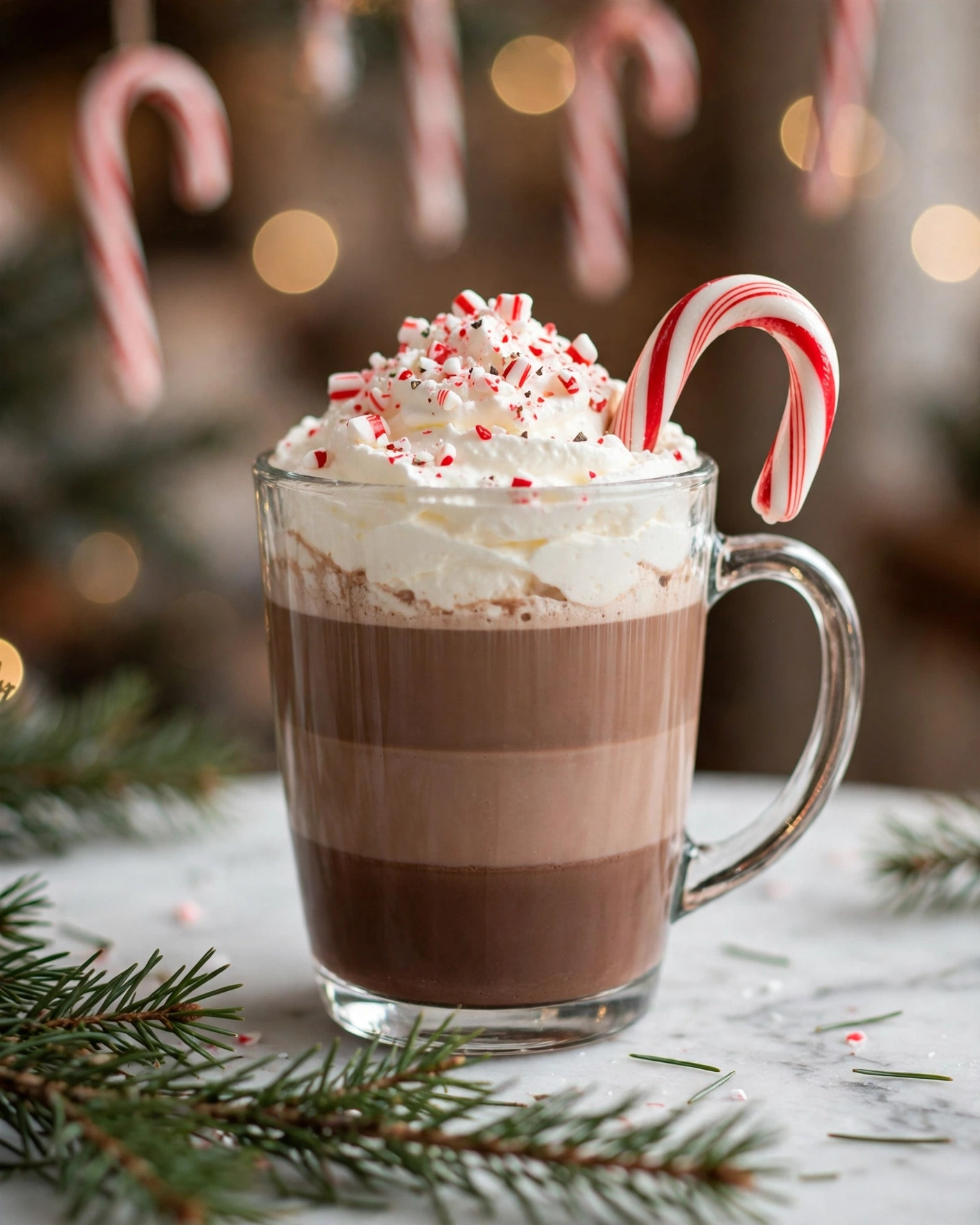A clear glass mug shows three layers: at the bottom and middle is a smooth, rich brown hot chocolate, topped with a thick, white swirl of whipped cream sprinkled with small pieces of red and white crushed candy cane. A red and white striped candy cane rests on the right side of the mug, dipping slightly into the whipped cream. In the foreground, green pine needles lay on a white marbled surface, and blurred candy canes hang in the background, adding a festive touch. Photo taken with an iphone --ar 4:5 --v 7