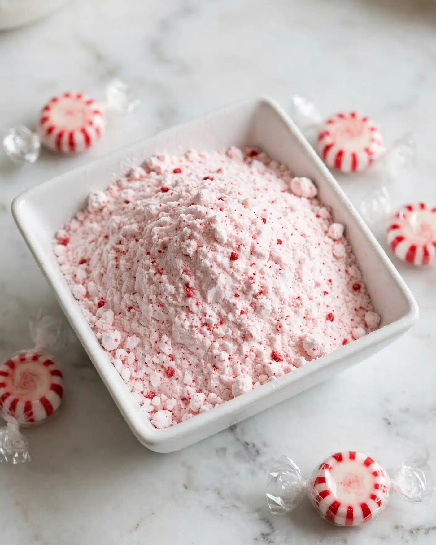 A white square bowl holds a mound of fine powder that is pale pink with small red specks scattered throughout, giving it a soft, textured look. The bowl sits on a white marbled surface, and around it are several round peppermint candies wrapped in clear plastic, having white and red stripes. The powder appears fluffy and light, filling the bowl nearly to the top. Photo taken with an iphone --ar 4:5 --v 7