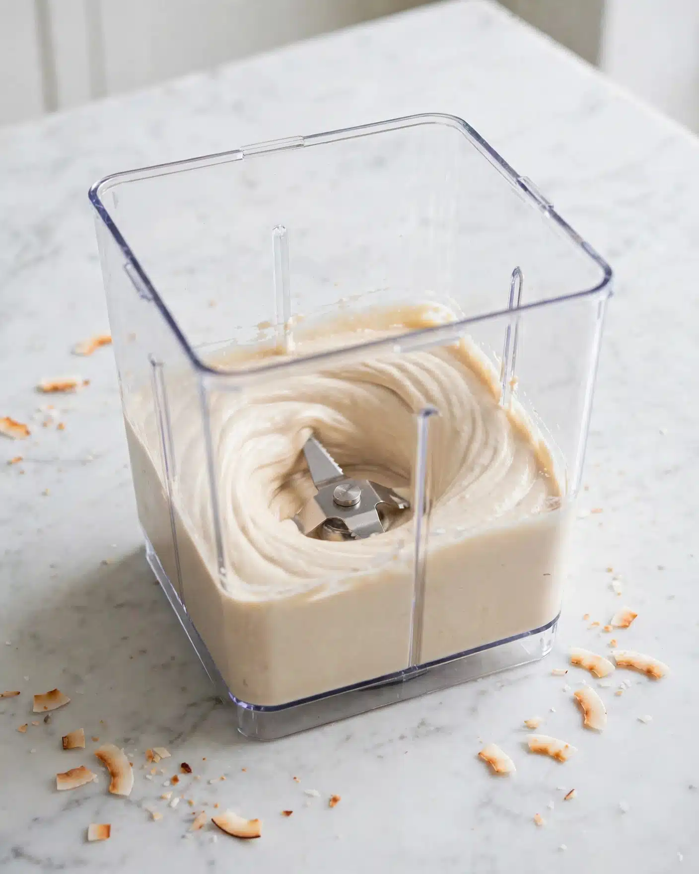 The image shows a clear square blender container filled with a smooth light beige creamy mixture. The blender blades are visible in the center, with the mixture swirling around them in soft curved folds. The container sits on a white marbled surface, and the texture of the cream looks thick and even without lumps. photo taken with an iphone --ar 4:5 --v 7