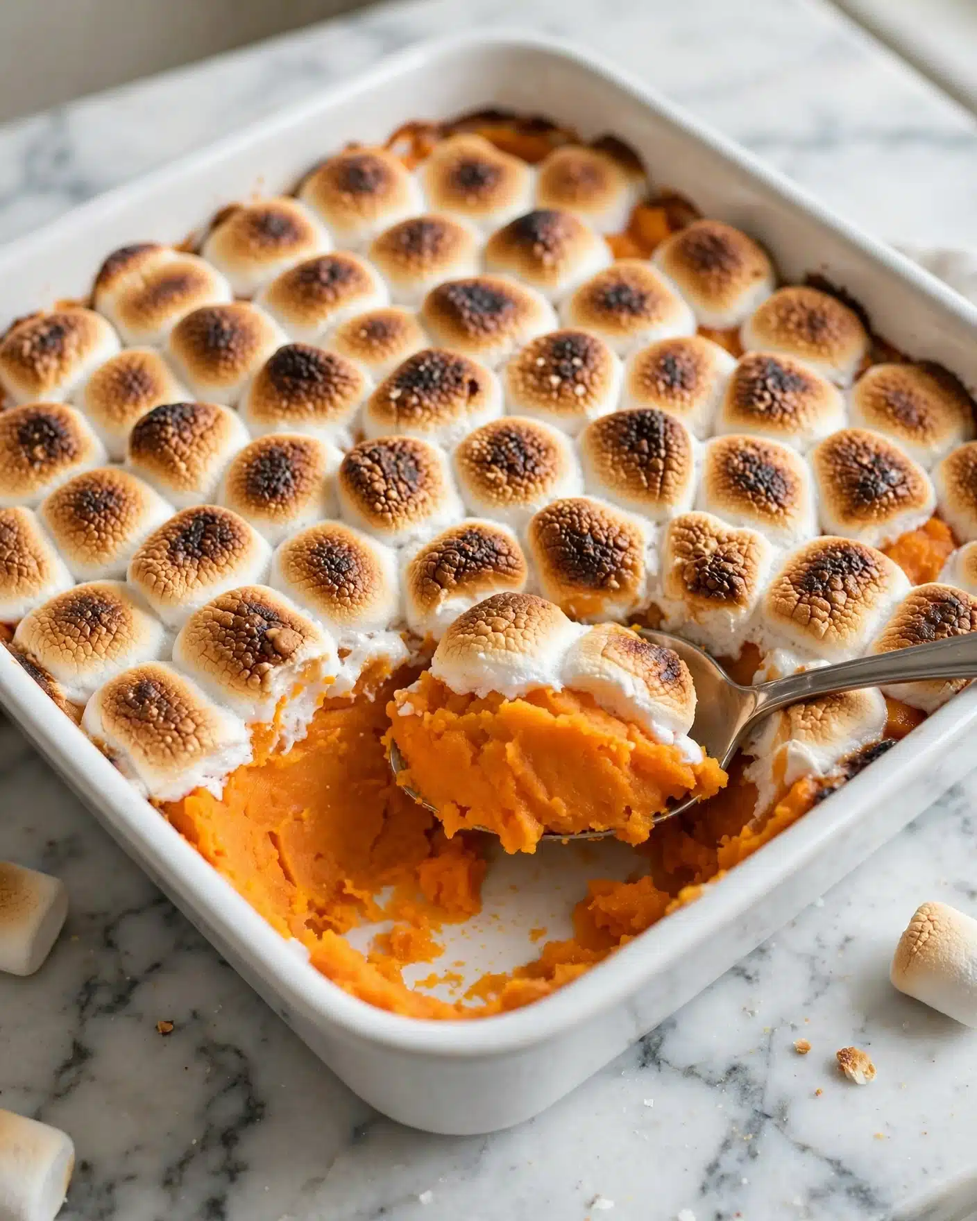 Lightened Up Sweet Potato Casserole Recipe 5 A white rectangular baking dish filled with a layered dessert showing mostly toasted small marshmallows on top, golden brown and bubbly with some white melted marshmallow parts. Underneath the marshmallows is a bright orange layer with a shiny texture, likely a cooked fruit filling, covering the whole base of the dish. The edges of the marshmallows are slightly browned and some of the orange filling peeks through in spots. The dish is placed on a white marbled surface. photo taken with an iphone --ar 4:5 --v 7