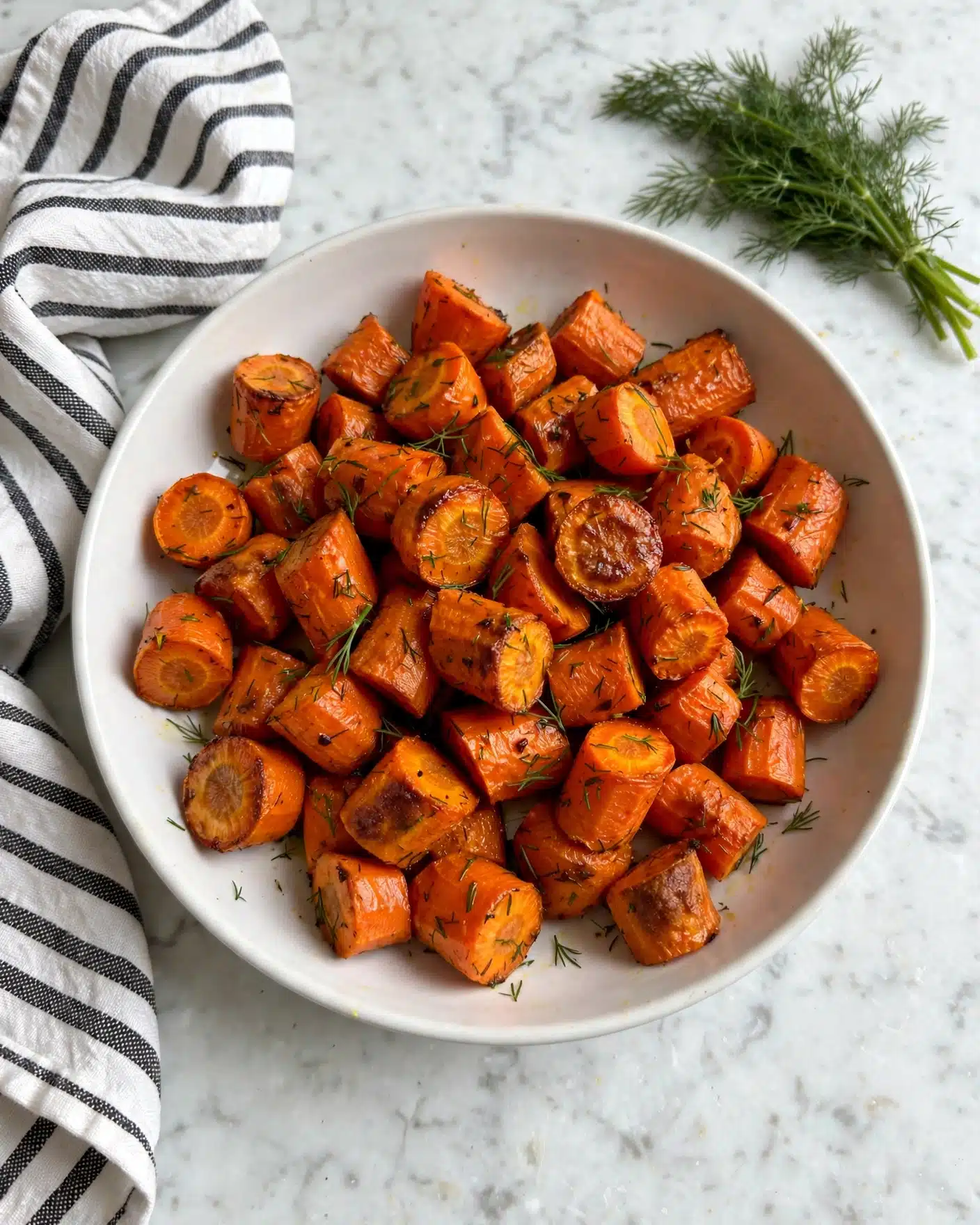 Air Fryer Honey Garlic Carrots Recipe 5 A white bowl filled with roasted carrot pieces that are cut into thick, irregular chunks with a bright orange color. The carrots show small specks of herbs, mainly green dill, scattered evenly over them. The roasted texture includes slight browning and caramelization on many edges, making the carrots look tender and flavorful. The bowl is placed on a white marbled surface, with a white cloth having black stripes beside it and a small bunch of dill visible at the upper right corner of the image. photo taken with an iphone --ar 4:5 --v 7