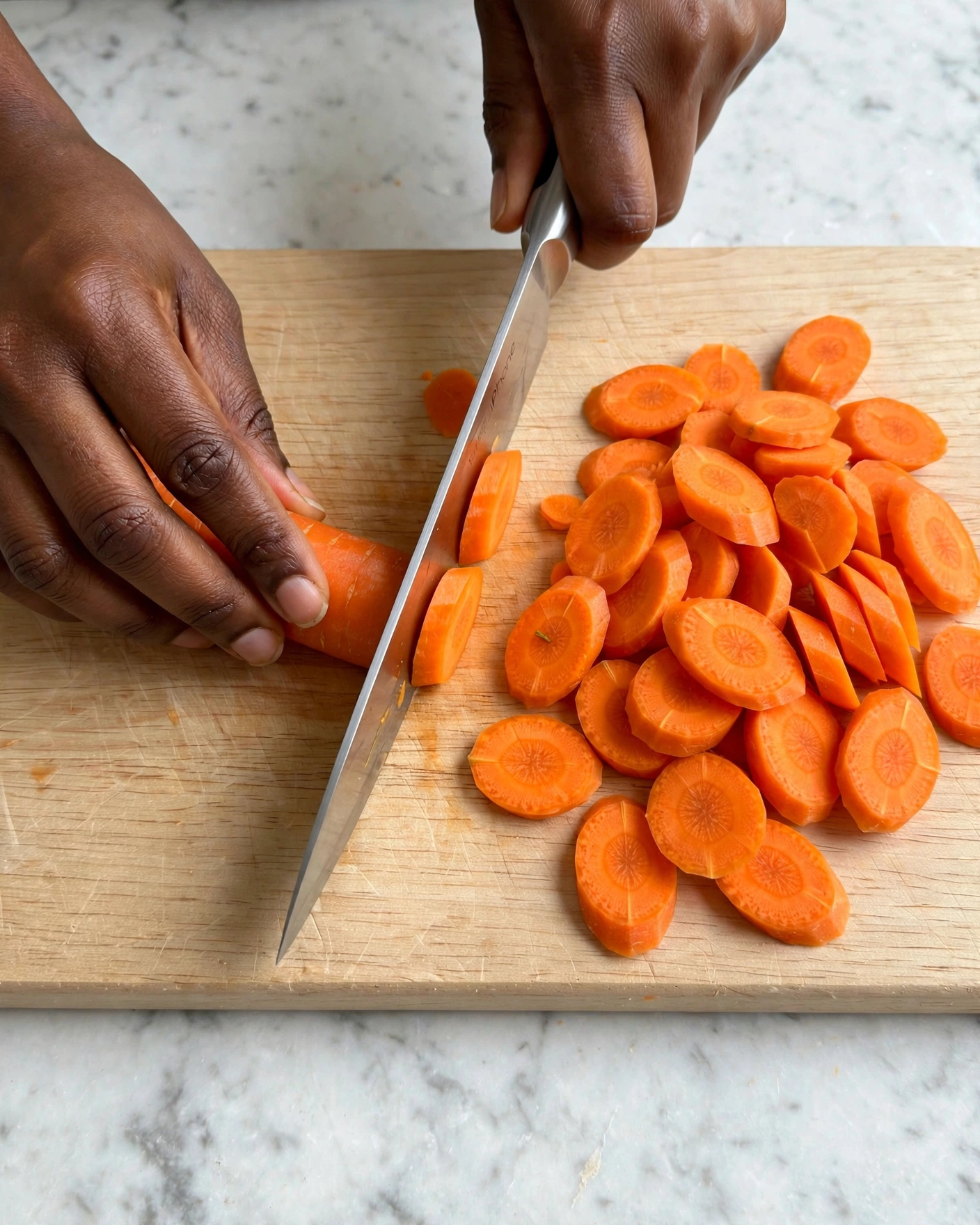 Air Fryer Honey Garlic Carrots Recipe 4 A close-up view shows a white cutting board on a white marbled surface, with a pile of sliced bright orange carrot pieces on the right side. A woman's dark-skinned left hand holds a long carrot steady on the left side of the board, while her right hand grips a large silver knife, slicing the carrot into even pieces. The sliced carrots have a smooth texture and vary in shape, mostly round or diagonal cuts. The lighting is bright and natural, highlighting the vibrant color of the carrots. Photo taken with an iphone --ar 4:5 --v 7