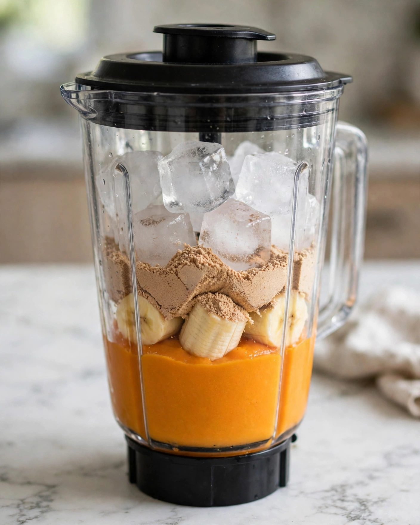 Pumpkin Protein Shake Recipe 4 Inside a clear blender, there are four visible layers: at the bottom, a bright orange puree with a smooth texture; above it, three chunks of pale yellow banana pieces; next, a pile of light brown powder sprinkled on the bananas; and on top, several large, clear ice cubes. The blender is placed on a white marbled surface. Photo taken with an iphone --ar 4:5 --v 7