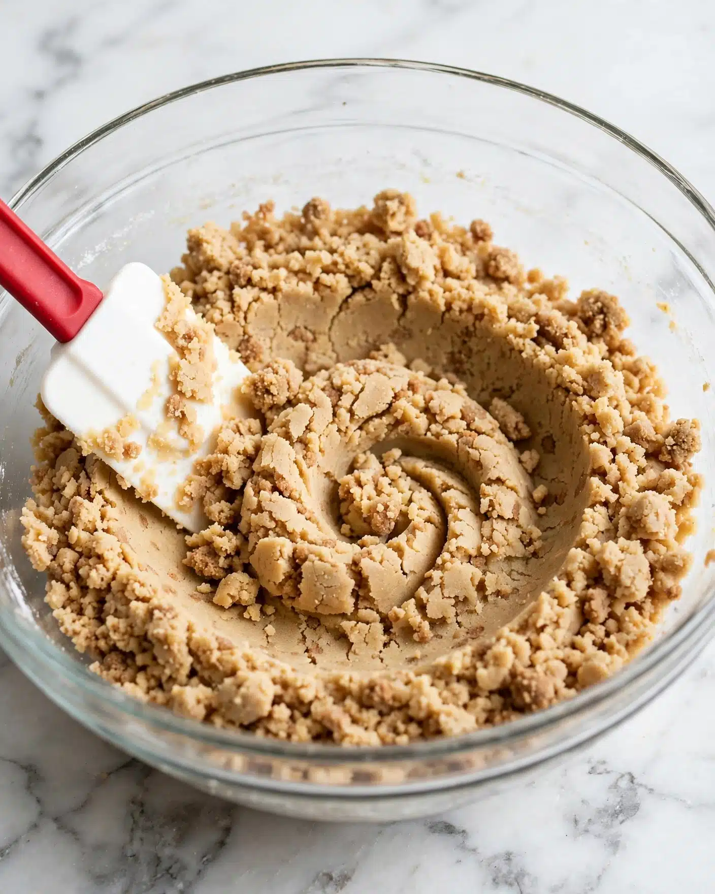 Coffee Cake Cookies with Streusel Topping and Vanilla Icing Recipe 4 A clear glass bowl holds a light tan, crumbly dough with a rough texture spread evenly inside. In the bowl, a white spatula with a red handle is partly covered with dough as it stirs from the side, creating a thumbprint swirl pattern in the middle of the dough. The bowl sits on a surface with a white marbled texture. photo taken with an iphone --ar 4:5 --v 7