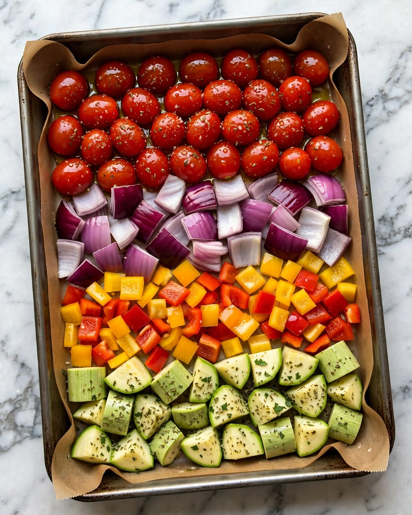 Best Quinoa Salad Recipe 4 A roasting pan lined with brown parchment paper holds four distinct layers of vegetables arranged in neat horizontal rows. At the top, bright red cherry tomatoes are glistening with seasoning. Below them, roughly chopped purple-red onion pieces show a mix of light and dark shades. The next layer is a colorful mix of diced yellow and red bell peppers. At the bottom, quartered pieces of light green zucchini sprinkled with herbs complete the arrangement. The pan is set on a white marbled surface. photo taken with an iphone --ar 4:5 --v 7