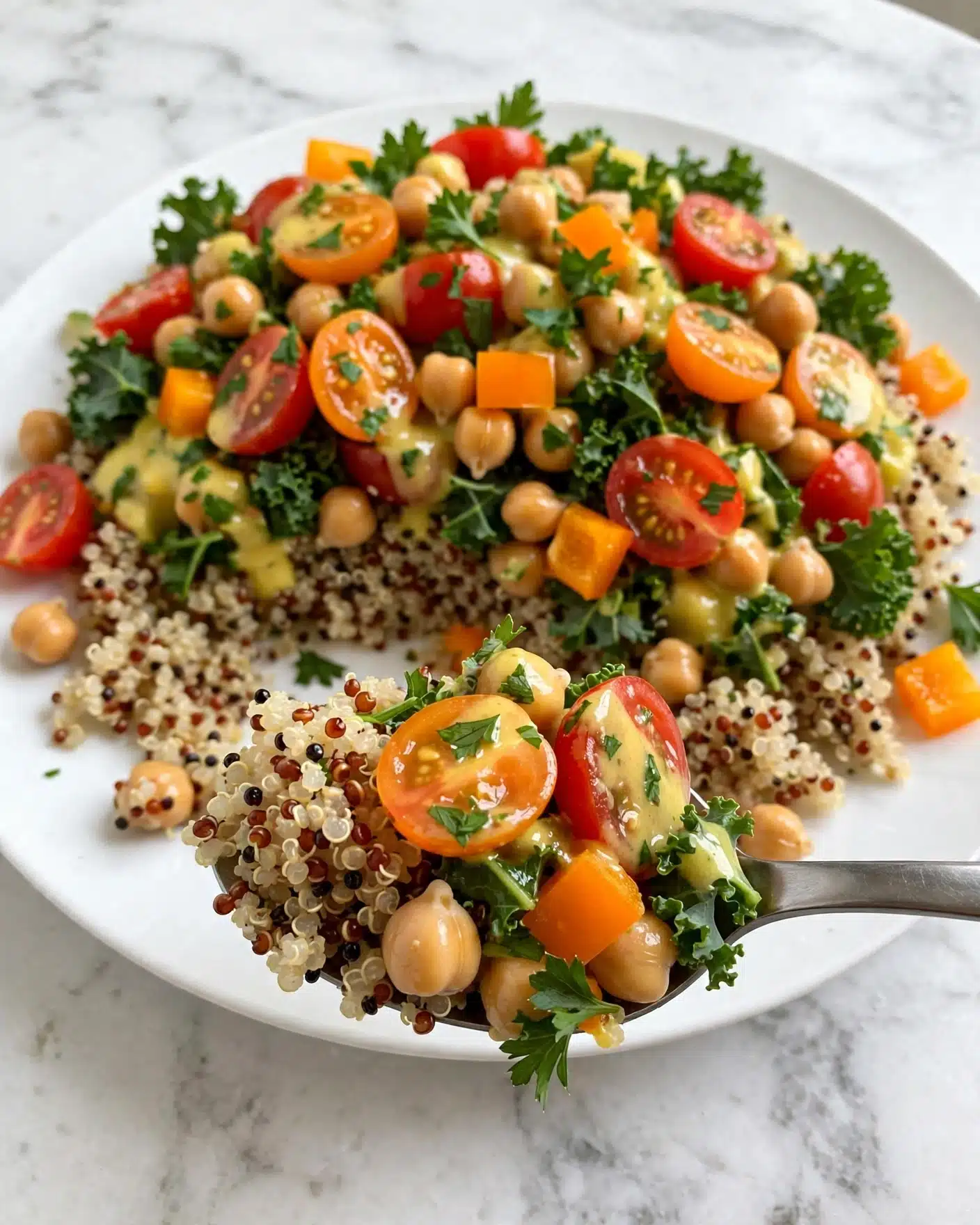 Best Quinoa Salad Recipe 5 A white plate holds a colorful quinoa salad with two main layers: the bottom layer is a mix of cooked white, red, and black quinoa grains spreading across the plate with a light, fluffy texture; on top, there is a vibrant mix of chickpeas, halved cherry tomatoes in red and orange, chopped green kale, and small orange bell pepper pieces, all coated in a light yellow dressing. A silver spoon lifts a portion of this salad near the front, showing a close-up of the layered mix with quinoa grains, vegetables, and fresh herbs like parsley scattered throughout. The setting is on a white marbled surface. Photo taken with an iphone --ar 4:5 --v 7