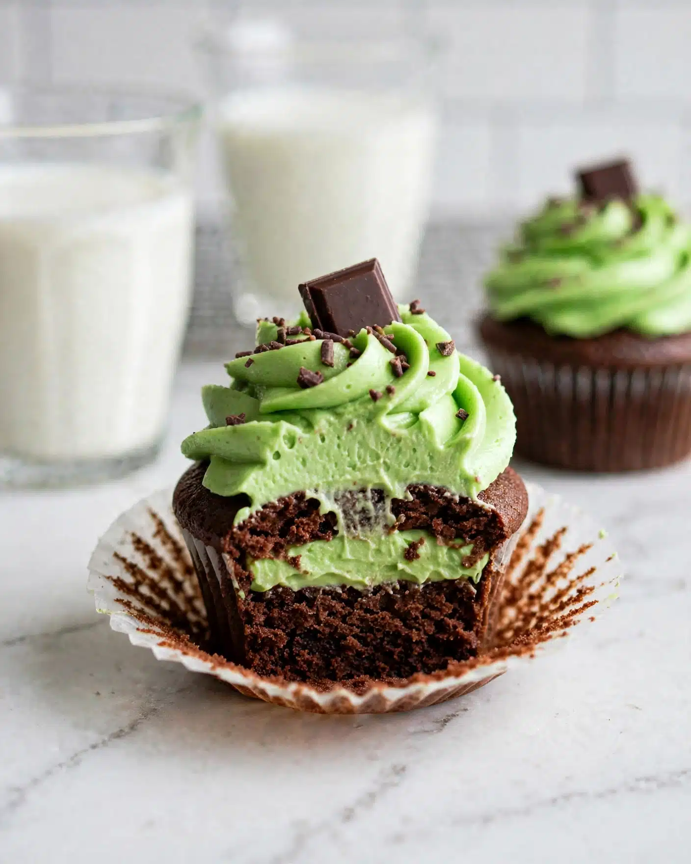 Mint Chocolate Cupcakes Recipe 5 The image shows a dark brown chocolate cupcake with three layers: a bottom layer of moist chocolate cake, a middle layer of green cream frosting swirled thickly on top, and a top layer garnished with small dark chocolate shavings and a square piece of chocolate placed upright. The cupcake liner is white with a crinkled texture, pulled down around the base. In the background, there is a glass of milk and another cupcake blurred. The surface is a white marbled texture. photo taken with an iphone --ar 4:5 --v 7