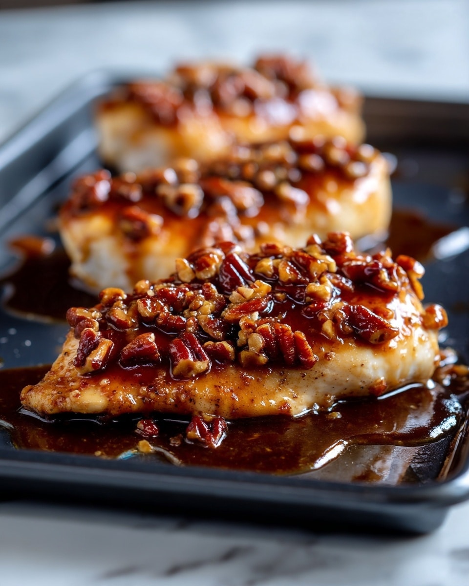 The image shows three pieces of cooked chicken on a dark baking tray placed on a white marbled surface. Each piece of chicken is topped with a thick layer of sticky brown sauce mixed with chopped pecans, giving a shiny, textured look. The chicken is light golden brown underneath the sauce, and the sauce pools slightly around the edges of the tray. The pieces are lined up in a row, with the closest one in clear focus and the others gradually blurrier in the background. Photo taken with an iphone --ar 4:5 --v 7