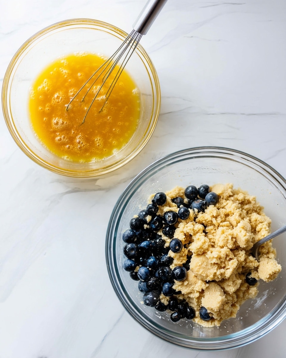 The image shows two clear glass bowls on a white marbled surface. The left bowl contains a smooth golden-yellow liquid with bubbles floating on top, being mixed by a silver wire whisk. The right bowl holds a mixture of light beige crumbly dough with scattered dark blue, plump blueberries. A silver spoon is partially visible at the bottom right edge of the right bowl. photo taken with an iphone --ar 4:5 --v 7