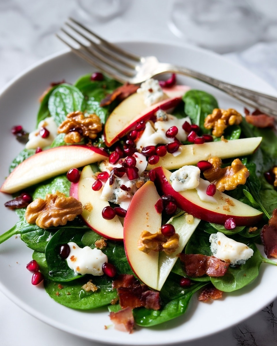 A white plate holds a fresh spinach salad with several layers: the base is dark green spinach leaves, topped with thin slices of red and green apple showing a smooth texture; scattered over the top are bright red pomegranate seeds adding small bursts of color, along with large golden-brown walnuts that have a rough texture; creamy white cheese pieces are dotted around and crispy bacon bits with a reddish-brown color are sprinkled throughout. The plate sits on a white marbled surface and a silver fork is placed in the background. Photo taken with an iphone --ar 4:5 --v 7