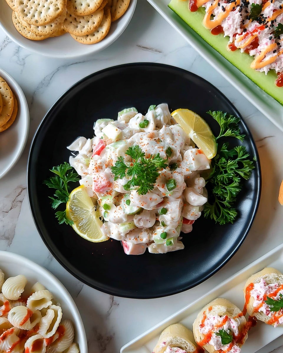 A close-up view of a creamy salad placed in a white bowl, filled to the top with chopped layers of mainly white and light pink pieces mixed with small chunks of green celery. The salad looks creamy with visible small black pepper specks on the surface, giving it a slightly textured look. On the right side of the bowl, a small bunch of bright green parsley adds a fresh touch to the dish. The bowl rests on a white marbled surface with a hint of a lemon slice visible in the bottom left corner, adding a pop of yellow color. The overall look is fresh and inviting, with soft, creamy textures and a mix of pale colors. photo taken with an iphone --ar 4:5 --v 7