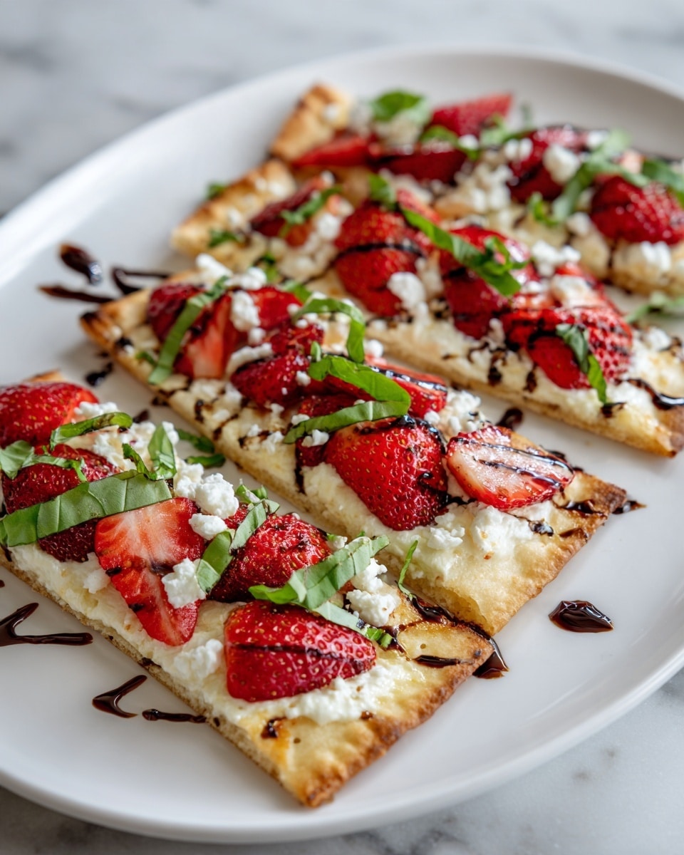 The image shows a white plate with four rectangular flatbread slices. Each slice has a golden-brown crust base with a creamy white layer of melted cheese on top. Bright red slices of strawberries cover the cheese, scattered evenly across the surface. Thin strips of fresh green basil leaves are spread on top of the strawberries, adding a pop of color. Small chunks of white cheese crumbles are sprinkled over the flatbread, with dark brown balsamic glaze drizzled artistically across the slices. The plate sits on a white marbled surface. photo taken with an iphone --ar 4:5 --v 7