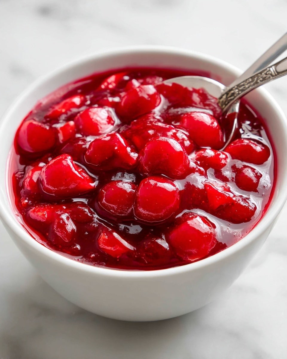This image shows a close-up of a bowl filled with chunky bright red sauce mixed with pieces of soft fruit, giving a shiny and slightly thick texture. The sauce has a deep red color with lighter red fruit pieces spread evenly. A silver spoon dipped in the sauce is placed in the upper right corner inside the white bowl. The image has a white marbled surface in the background. photo taken with an iphone --ar 4:5 --v 7