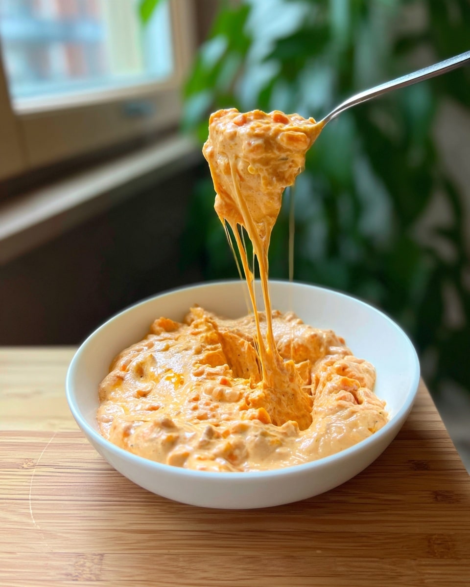 A white bowl filled with a thick, creamy dish that is light orange with visible small chunks for texture; a spoon lifts a portion showing a stretchy, soft consistency with some dripping strands. The bowl is set on a light wooden surface with a blurred green and dark indoor background. photo taken with an iphone --ar 4:5 --v 7