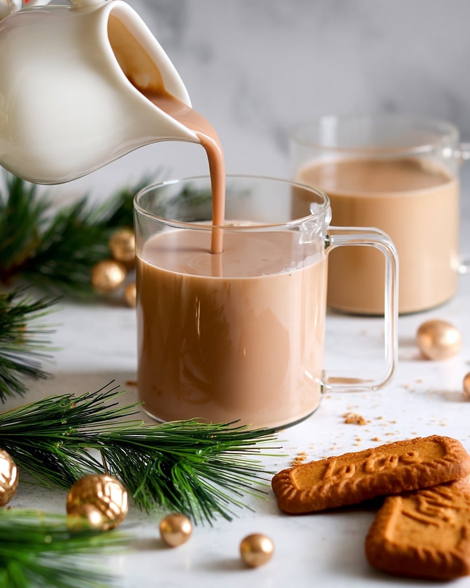 A clear glass cup filled with light brown creamy drink is shown in the center. A white pitcher pours the same creamy drink into the cup from above. Behind it, there is another clear glass cup also filled with the light brown drink. The cups are placed on a white marbled surface. Around the cups, there are some green pine branches and golden decorative balls. On the bottom right, two light brown cookies are placed on the white marbled surface. Photo taken with an iphone --ar 4:5 --v 7