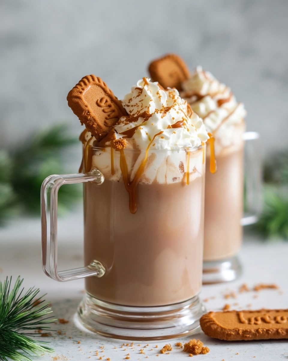 Two clear glass mugs filled with a light brown creamy drink, topped with a thick layer of white whipped cream. The whipped cream has a swirl texture and is sprinkled with brown crumbs. A drizzle of caramel sauce runs over the whipped cream, adding a glossy effect. One rectangular caramel biscuit is placed inside the whipped cream on each mug, standing upright and partly submerged. The mugs are set on a white marbled surface, with some crumbs scattered around and blurred green pine needles in the background. Photo taken with an iphone --ar 4:5 --v 7