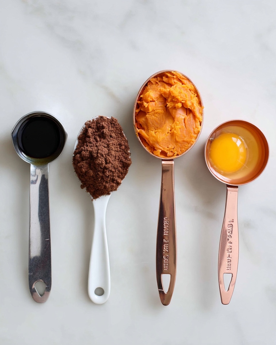 Four measuring spoons are placed side by side on a white marbled surface. From left to right: the first spoon is a narrow silver one with dark liquid inside; the second is a small white spoon with a heap of brown powder; the third is a copper ½ cup measuring cup filled with mashed orange sweet potato; the fourth is a copper ¼ cup measuring cup holding a raw egg with both yolk and white visible. All spoons lie flat and face upwards in a straight line. photo taken with an iphone --ar 4:5 --v 7